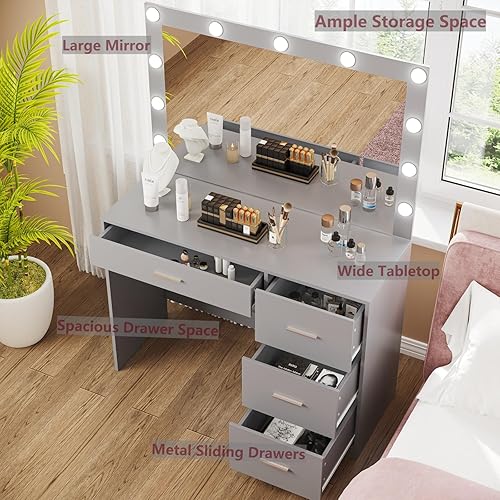 Miniatura 2 de Irontar Mesa de tocador de maquillaje, mesa de maquillaje con espejo grande y 11 luces LED, brillo ajustable, escritorio con 4 cajones, escritorio