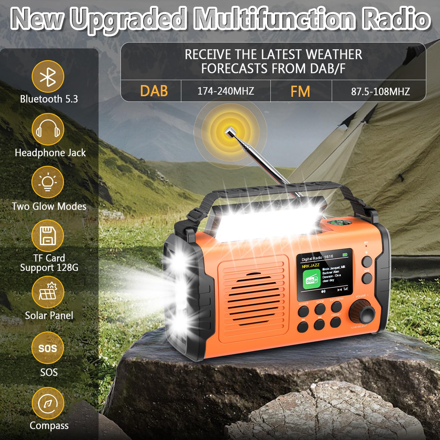 Radio a manovella da 20000 mAh con Bluetooth, radio DAB/FM, torcia elettrica e luce da lettura, caricatore USB per cellulare, allarme SOS, scheda TF, AUX IN, radio di emergenza portatile per campeggio