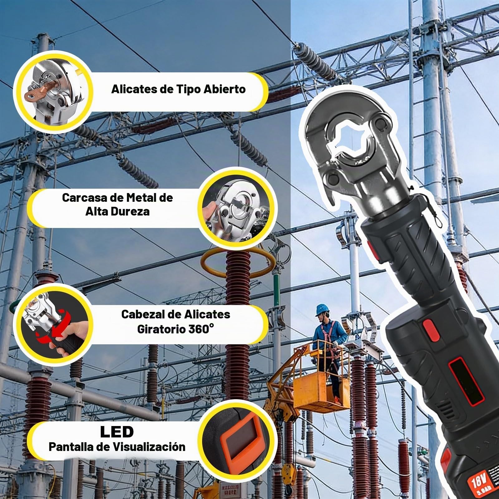 Herramienta Eléctrica para Crimpado con Batería de 18V y 2x 5Ah, Herramienta de Prensa para Crimpado Tuberías Cobre, 11 Matraces, Incluye Pinzas Corte(Without pliers)