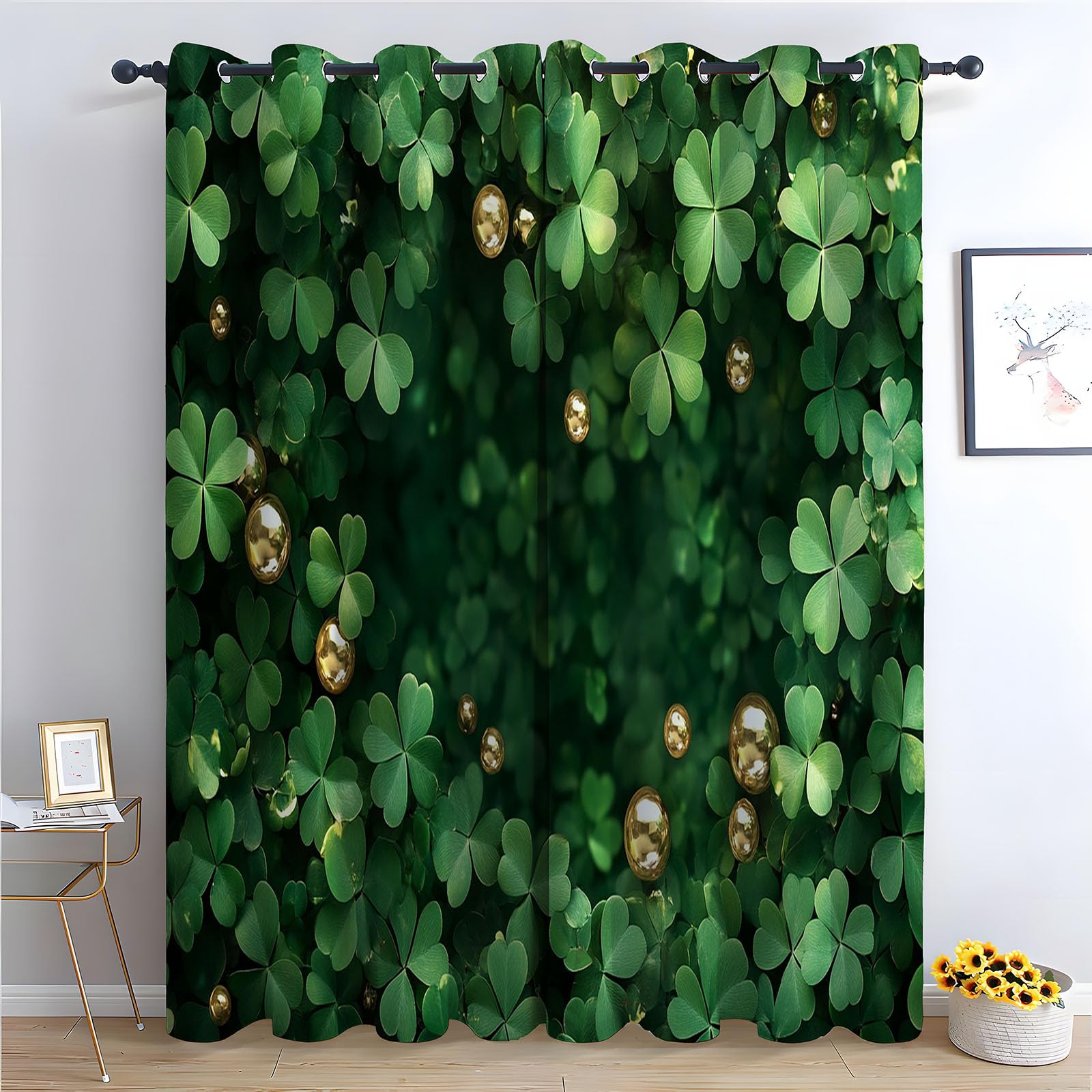 TERUEA Floral Curtains for Living Room Bedroom Dense four leaf clover foliage golden bead lucky green Urban City Night View Window Curtains-52 W x 120" L (Pack of 2)