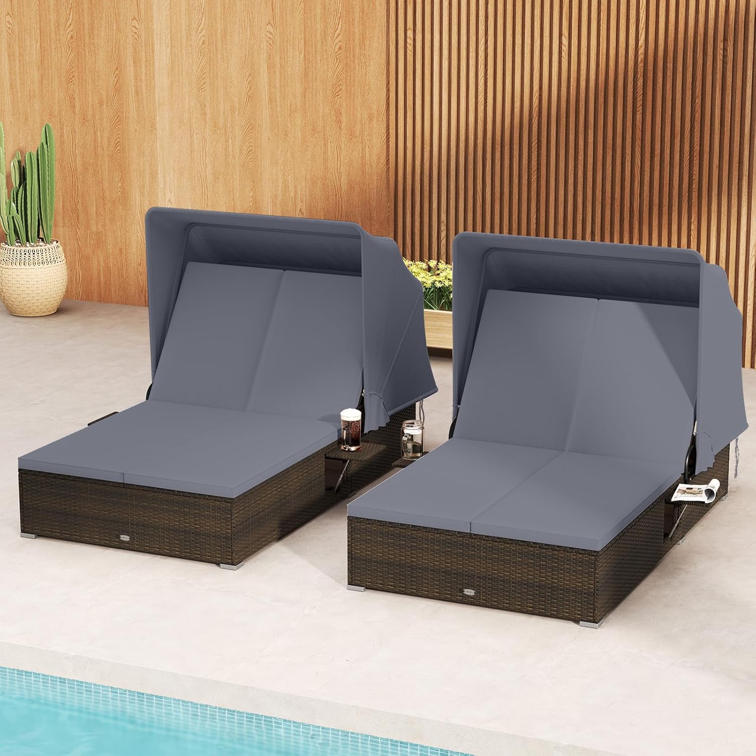 Tangkula Outdoor Rattan Daybed with Canopy & 6-Level Adjustable Backrests, 2-Person Wicker Recliner Bed with Cushions & Folding Side Trays, Double Sunbed Lounger for Balcony, Backyard & Poolside