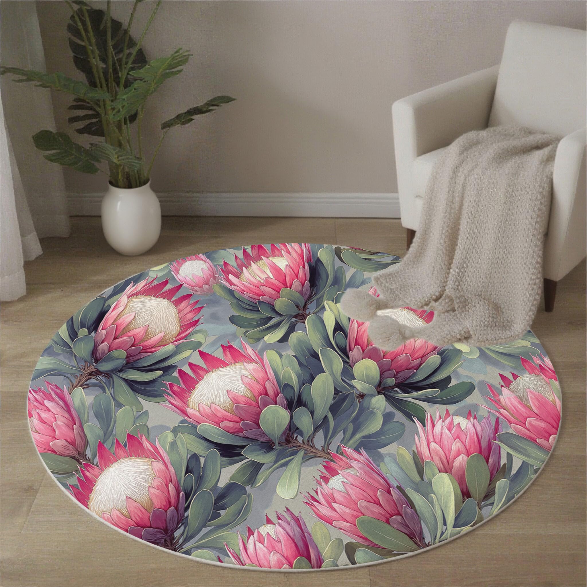 Tapis rond protéa anti-glisse pour couloir et salon | Tapis lavable doux de 60 cm