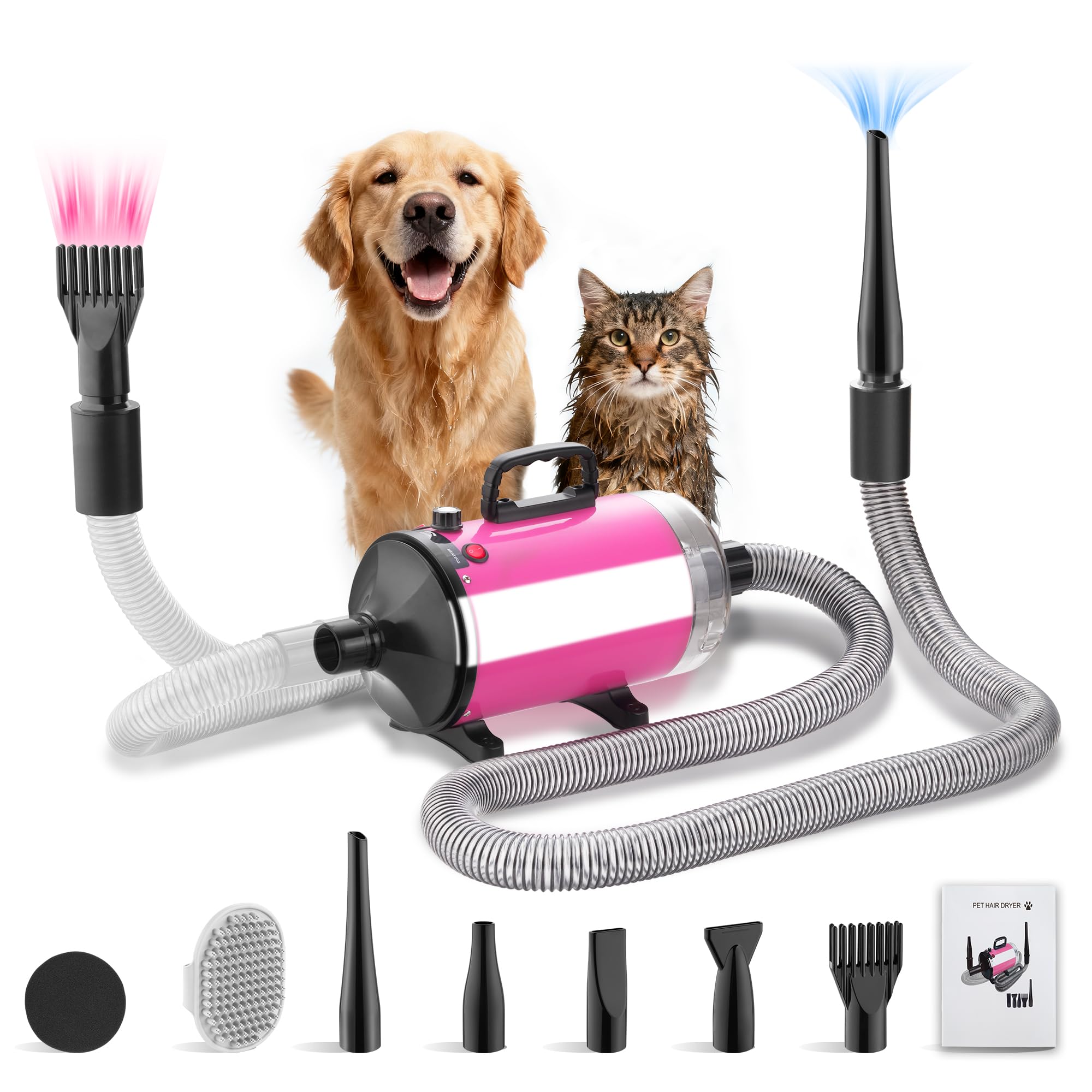 DEWINNER 3200W Asciugacapelli per Cani| Toelettatura e Aspirazione a Vuoto| Flusso d'aria e temperatura regolabili| Dotato di 5 Tubo Elastico| 1 Tubo Elastico e Spazzola per la Cura| Rosa