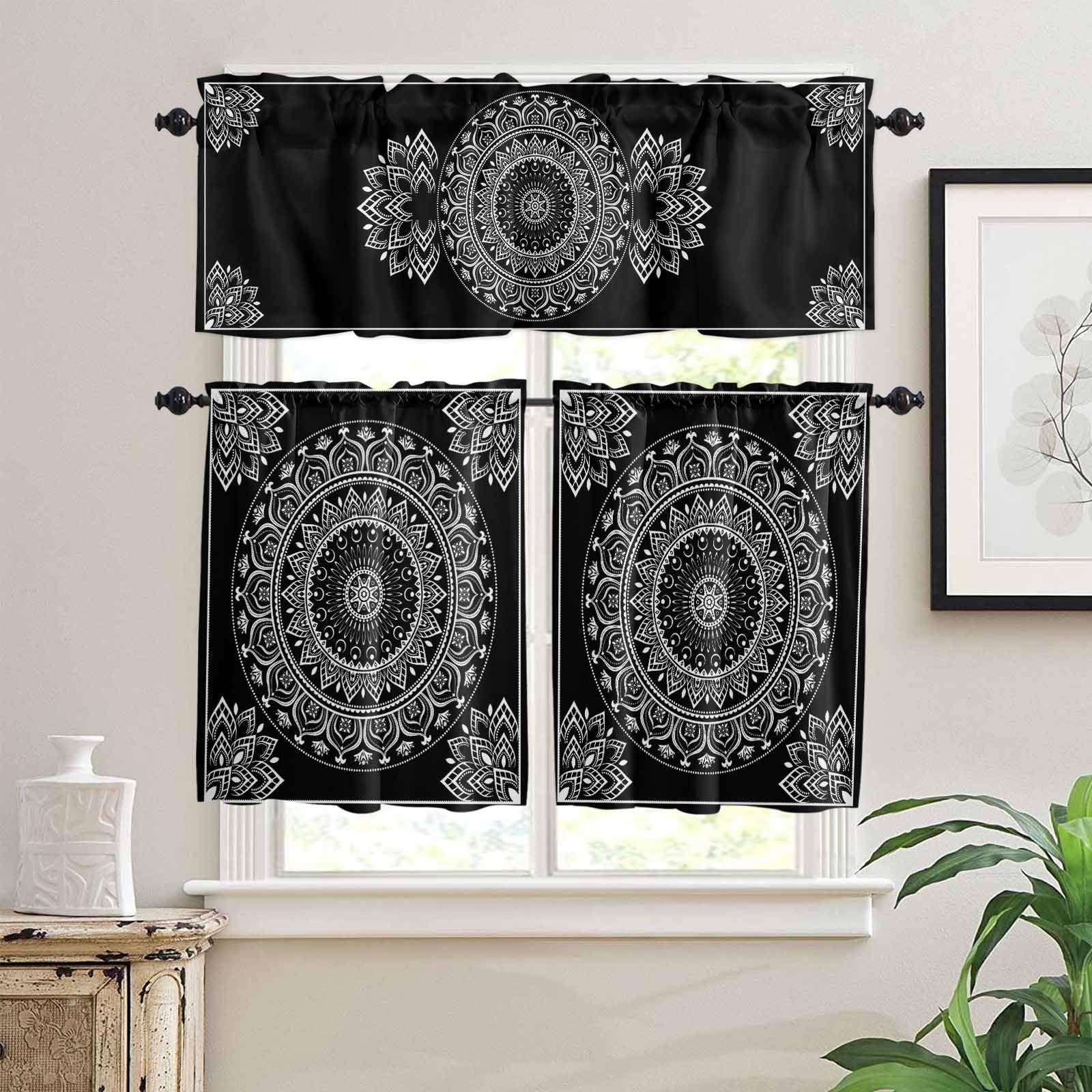 Black Boho Kitchen Curtains 36 Inch Length,3 Piece Rod Pocket Small Half Tiers and Valance Set,Retro Farmhouse Neutral Abstract Geometric Small Large Window Treatment Decor for Bedroom/Bathroom Sink