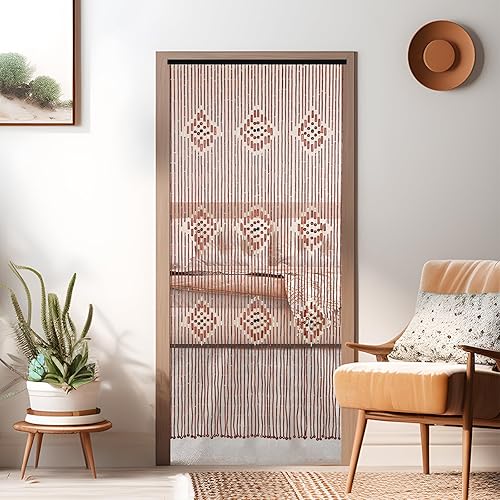 Miniatura 9 de Cortina de cuentas de bambú, cortina bohemia con cuentas de 52 hebras de 35.4 x 74.8 pulgadas, cortina de madera natural para puerta, cortina de