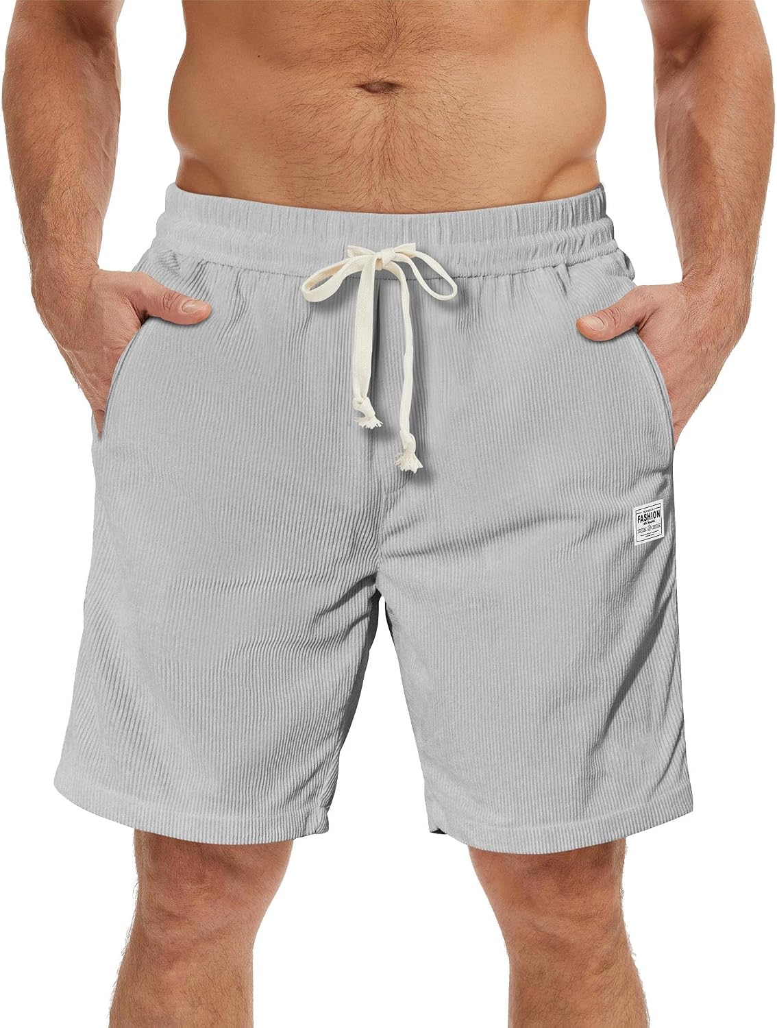 Men's Corduroy-Style Shorts Elastic Waist Drawstring 7 Inch Inseam Polyester Casual Shorts with Pockets