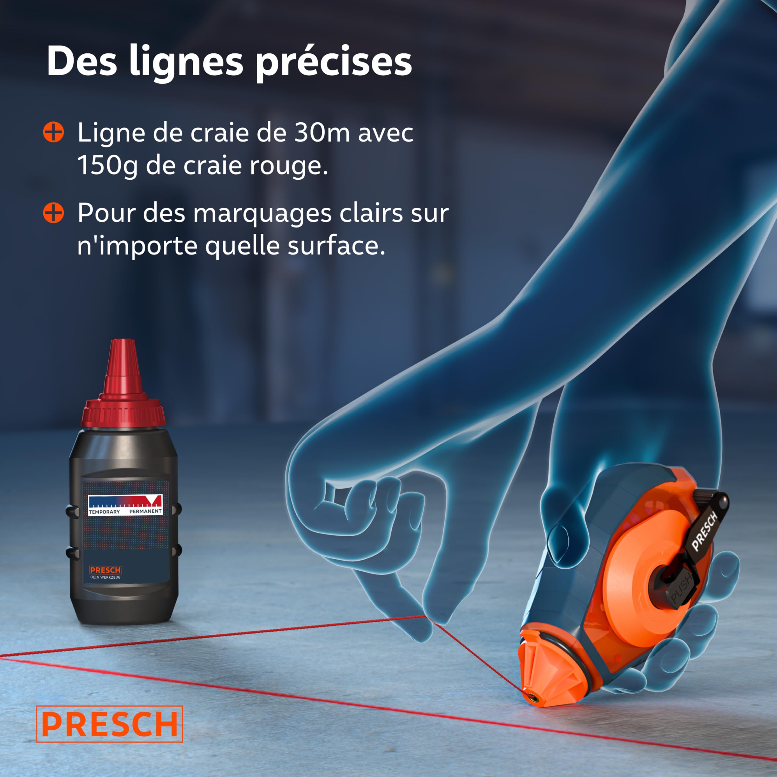 PRESCH Cordeau Traceur de 30m avec craie rouge (150 g) - Dévidage rapide grâce à l'engrenage 6:1 - Hydrofuge et durable - Ligne robuste pour des lignes précises