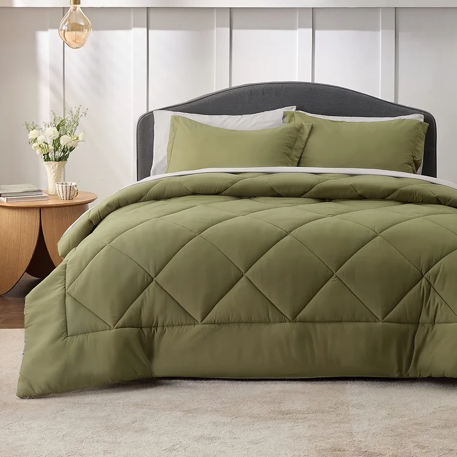Bedsure Olive Green Queen Comforter Set 7 Pieces Reversible Queen Bed