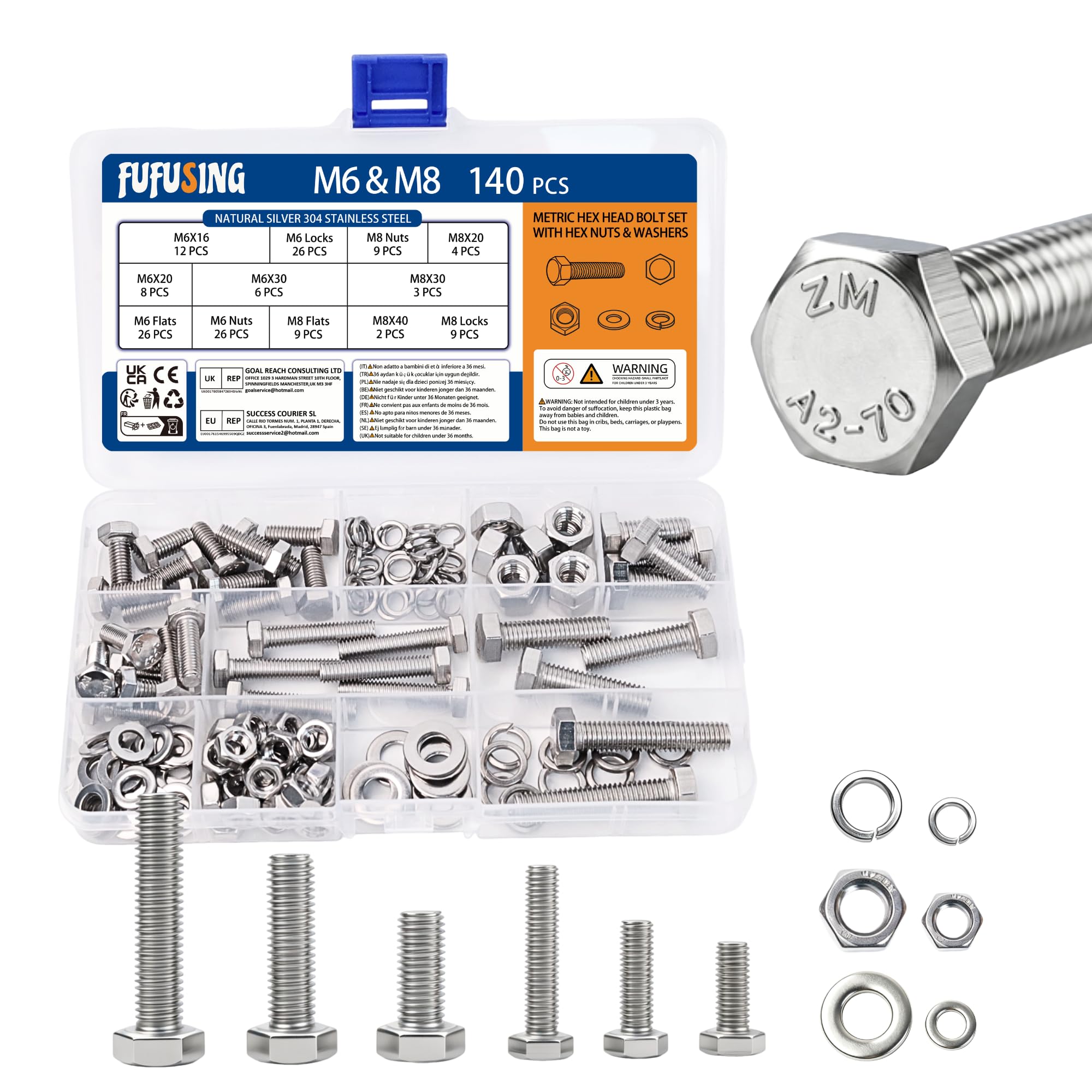 FUFUSING 140 Pcs M6 M8 Nuts and Bolts Set, Hex Head Bolts & Washers