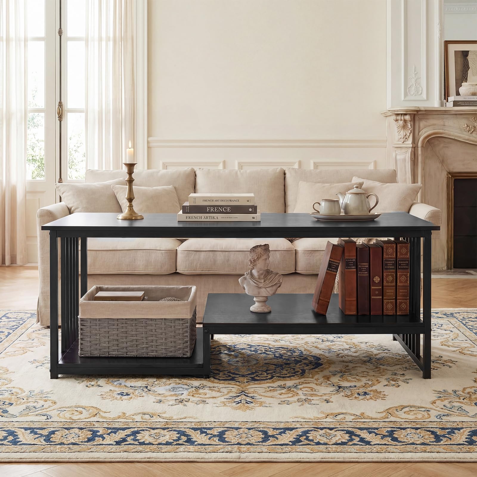 COSTWAY Couchtisch, Wohnzimmertisch 3 Ebenen mit robustem Metallgestell, Industrie-Design, rechteckiger Kaffeetisch 110 x 60 x 45 cm, Sofatisch für Wohnzimmer & Büro (Schwarz)