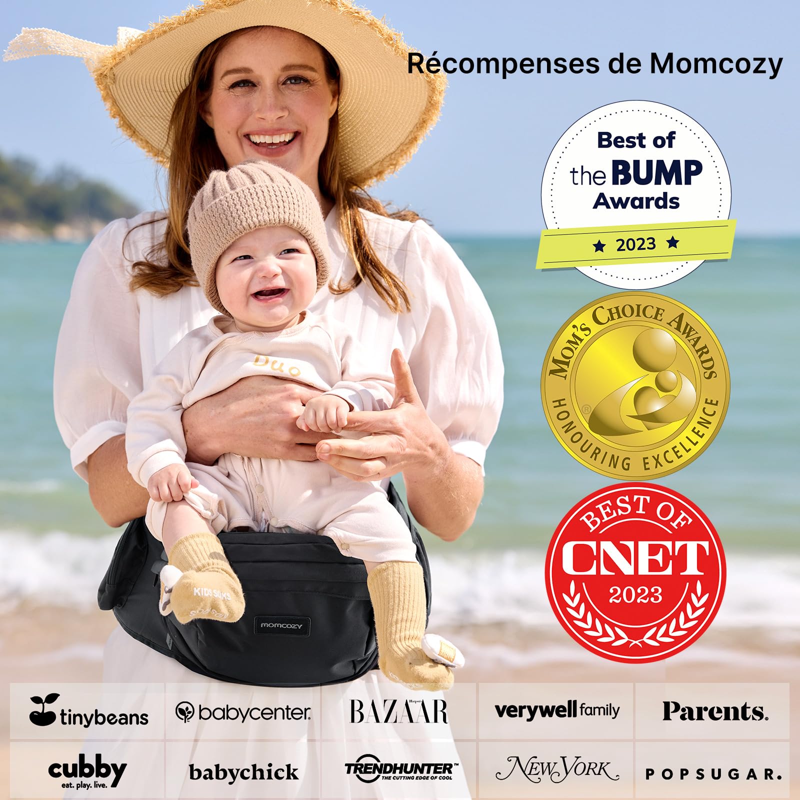 Porte-bébé Momcozy certifié CPC - Ceinture ajustable avec Protecteur Ventral Original 3D, Porte-bébé ergonomique avec plusieurs poches pour nouveau-nés et bambins jusqu'à 45lbs (Noir, Moyen)