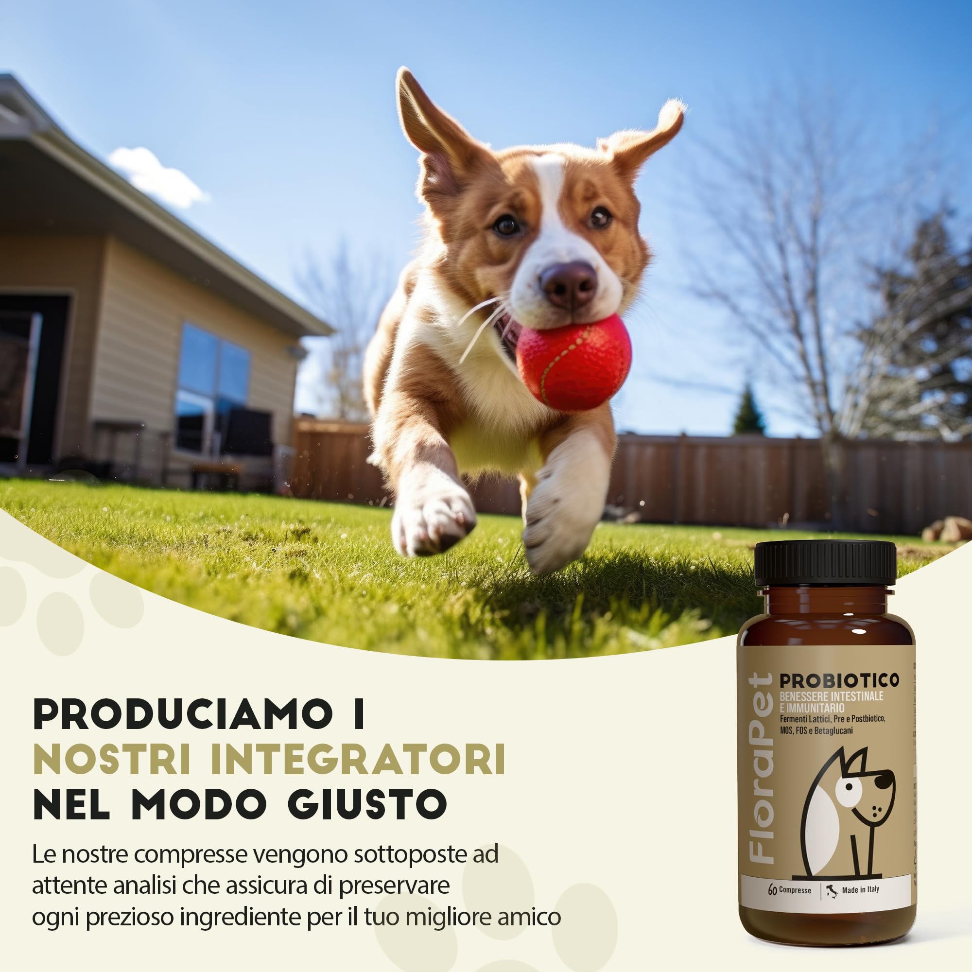 FloraPet Probiotico per cani, Fermenti lattici cane, combatte diarrea cane, Salute intestino, Probiotico digestivo, prurito cane con Prebiotici naturali 60 compresse Made In Italy