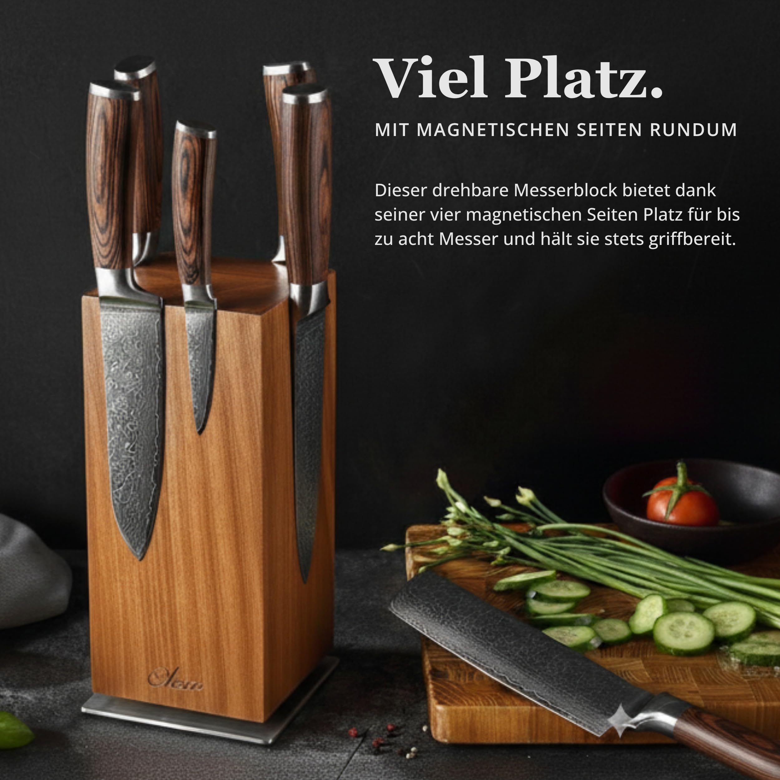OLEIO Maestro Messerblock magnetisch 360° drehbar Messerhalter aus massivem Akazienholz mit Edelstahlbasis und Kugellager, 3 Magnetreihen pro Seite, unbestückt für bis zu 8 Messer bis 26 cm Klingen
