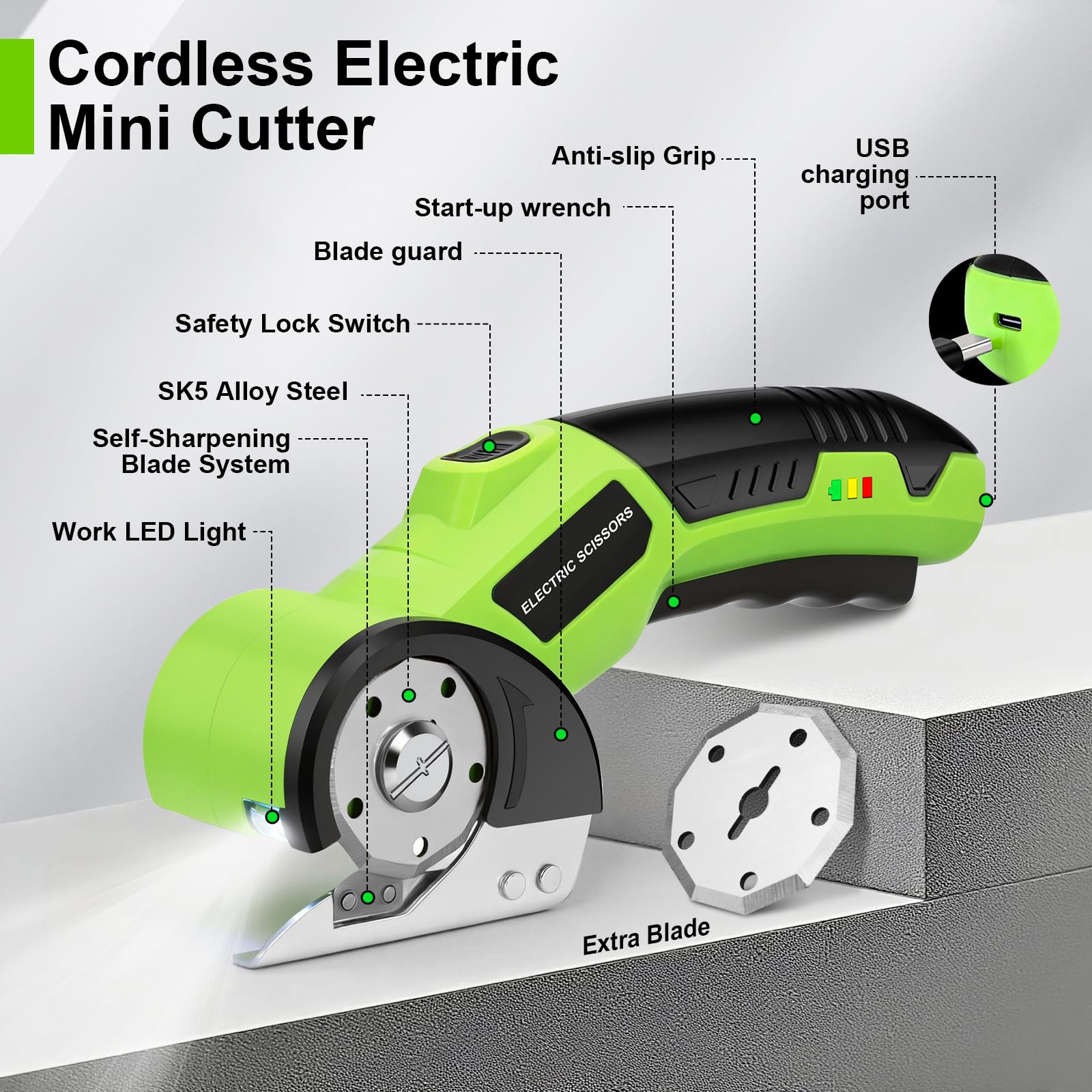 Ciseaux Électrique Tissu Couture 4V– Ciseaux Electriques Rechargeables avec Lame Auto-Affûtée & Lame de Rechange – Pour Papier, Carton, Moquette, Cuir, Plastique – Idée Cadeau pour Bricolage