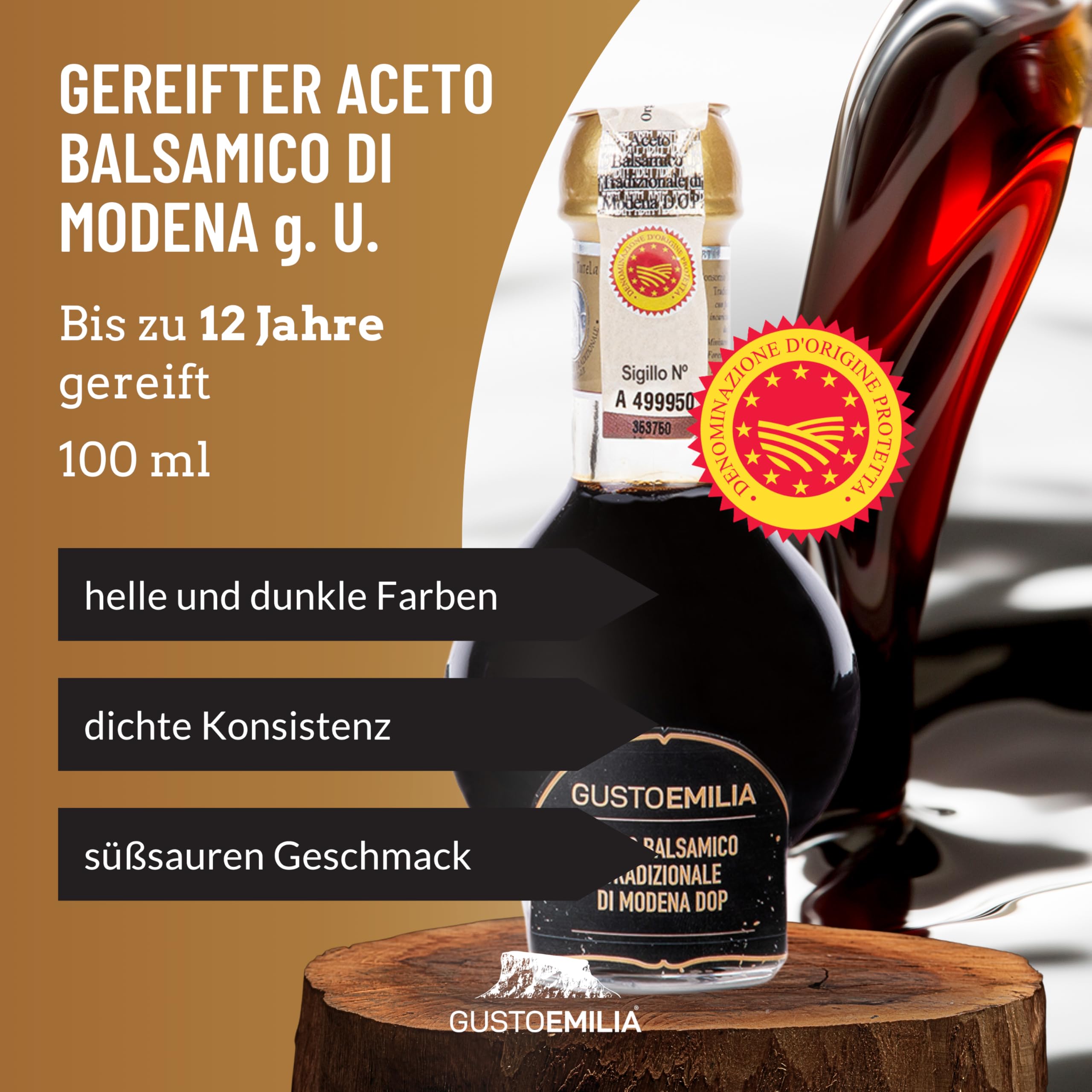 GUSTOEMILIA Traditioneller 12-jähriger gereifter Aceto Balsamico di Modena IGP - Italienischer Balsamico Essig - Perfekte Kombination mit gereiftem Parmigiano Reggiano - 3,38 Fl Oz