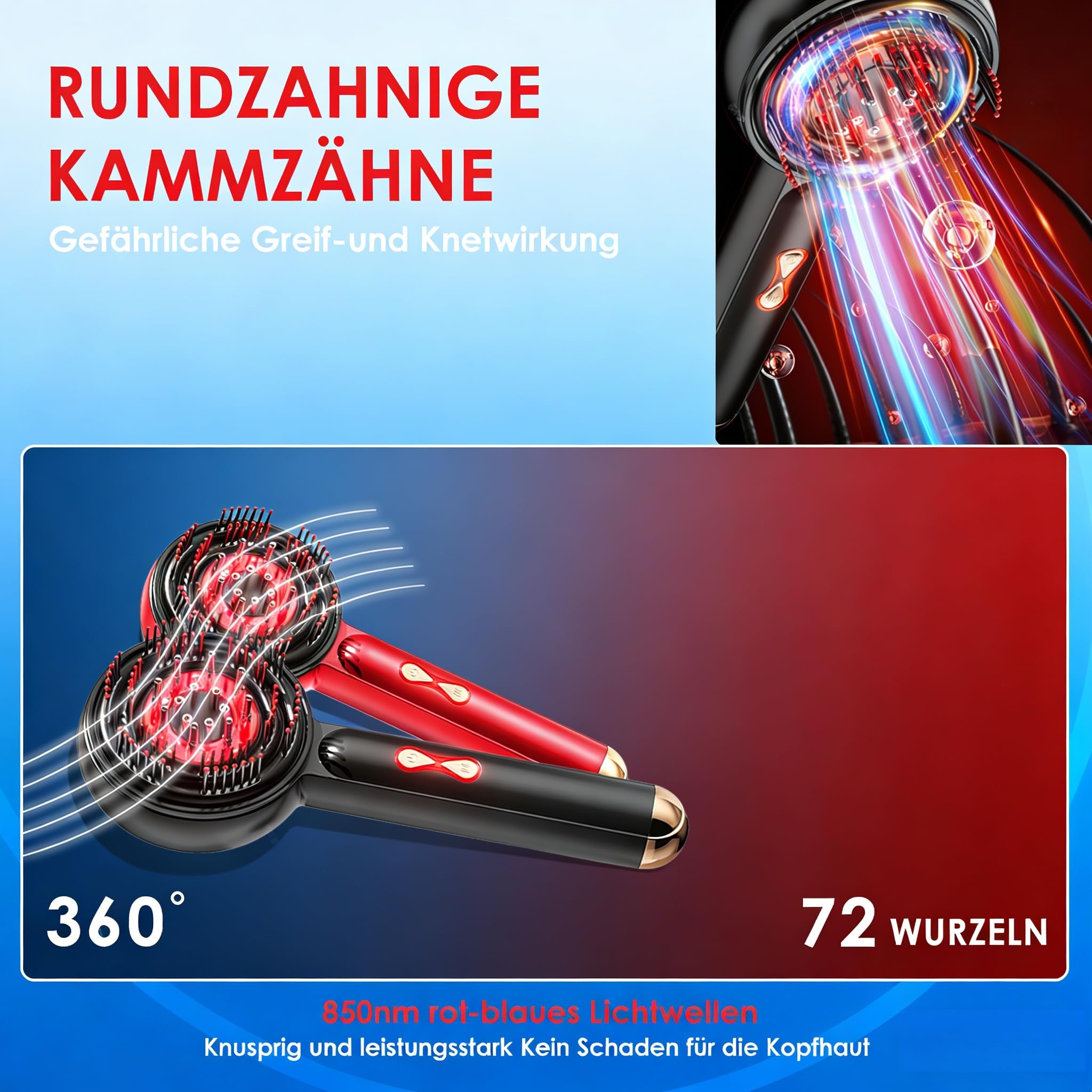 Elektrischer Kopfhautmassagegerät mit Rotlichttherapie für Haare, 2-in-1 Multifunktions-Kopfhautmassagekamm, kabellos & tragbares Haaröl-Applikator für den Hausgebrauch