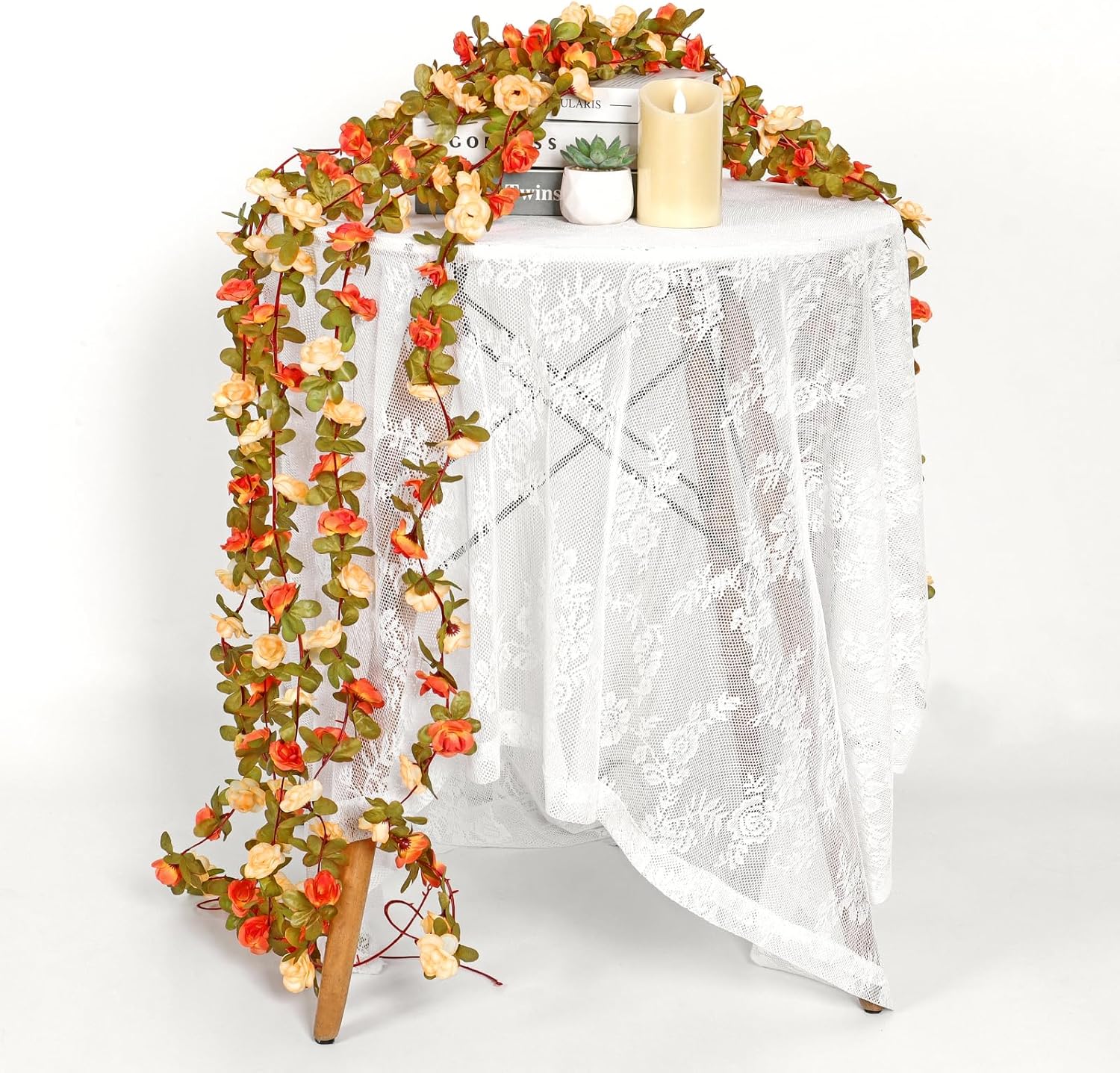 KHOYIME 5 Pack 40 FT Artificial Flower Garland, Fake Orange Roses Vines Silk Flowers Faux Plastic Outdoor Hanging Floral Garland Fall Autumn Decoration for Indoor Table Home Wall Backdrop Room Decor - Image 4