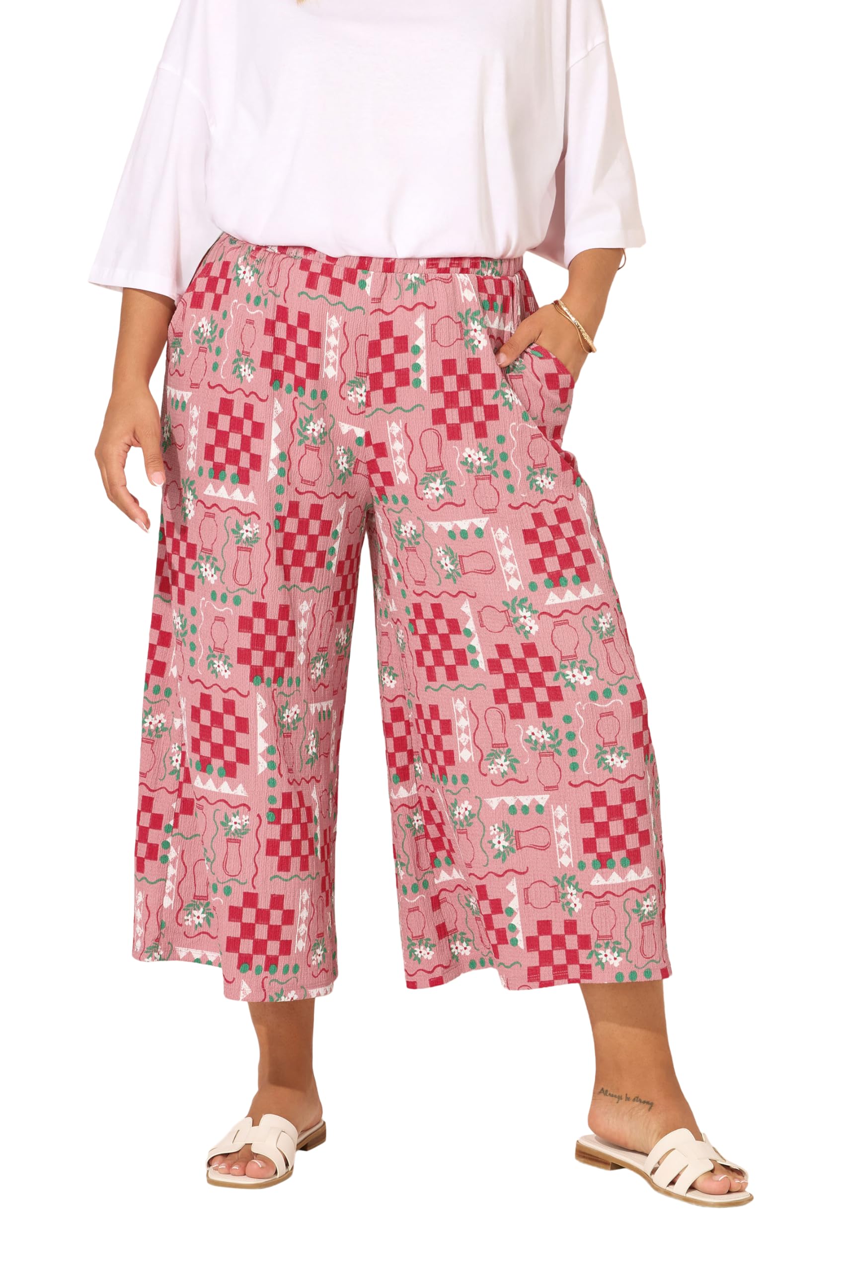 Yours Women's Pink Curve Floral Check Crinkle Midaxi Culottes - Plus Size Curve