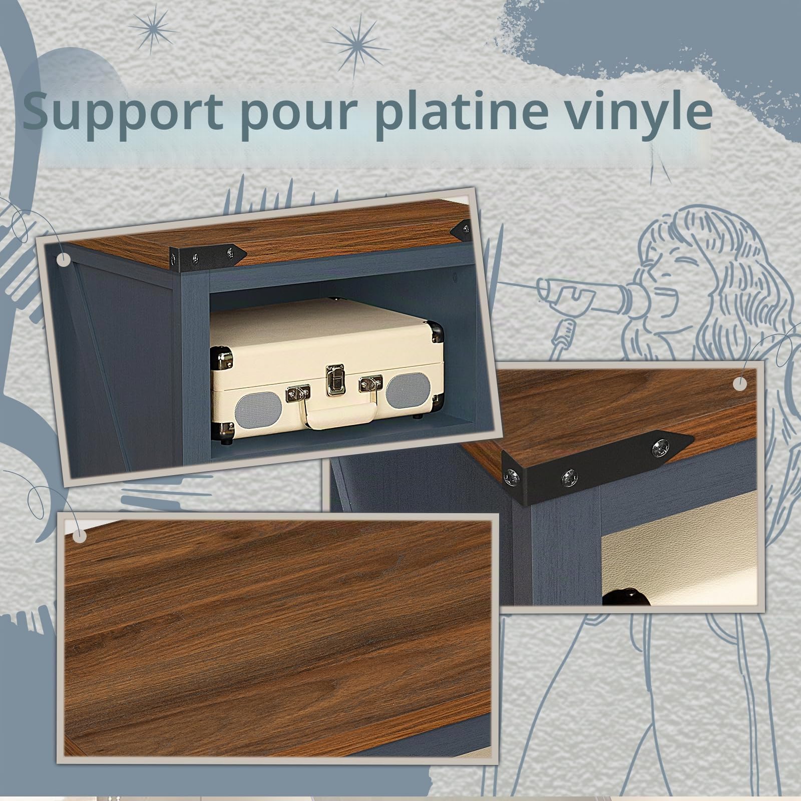 Support de Tourne-Disque avec Support en Vinyle, Bleu, Peut contenir jusqu'à 160 Albums, Grand Support de Tourne-Disque en Bois, Armoire pour Salon, Chambre à Coucher, Bureau