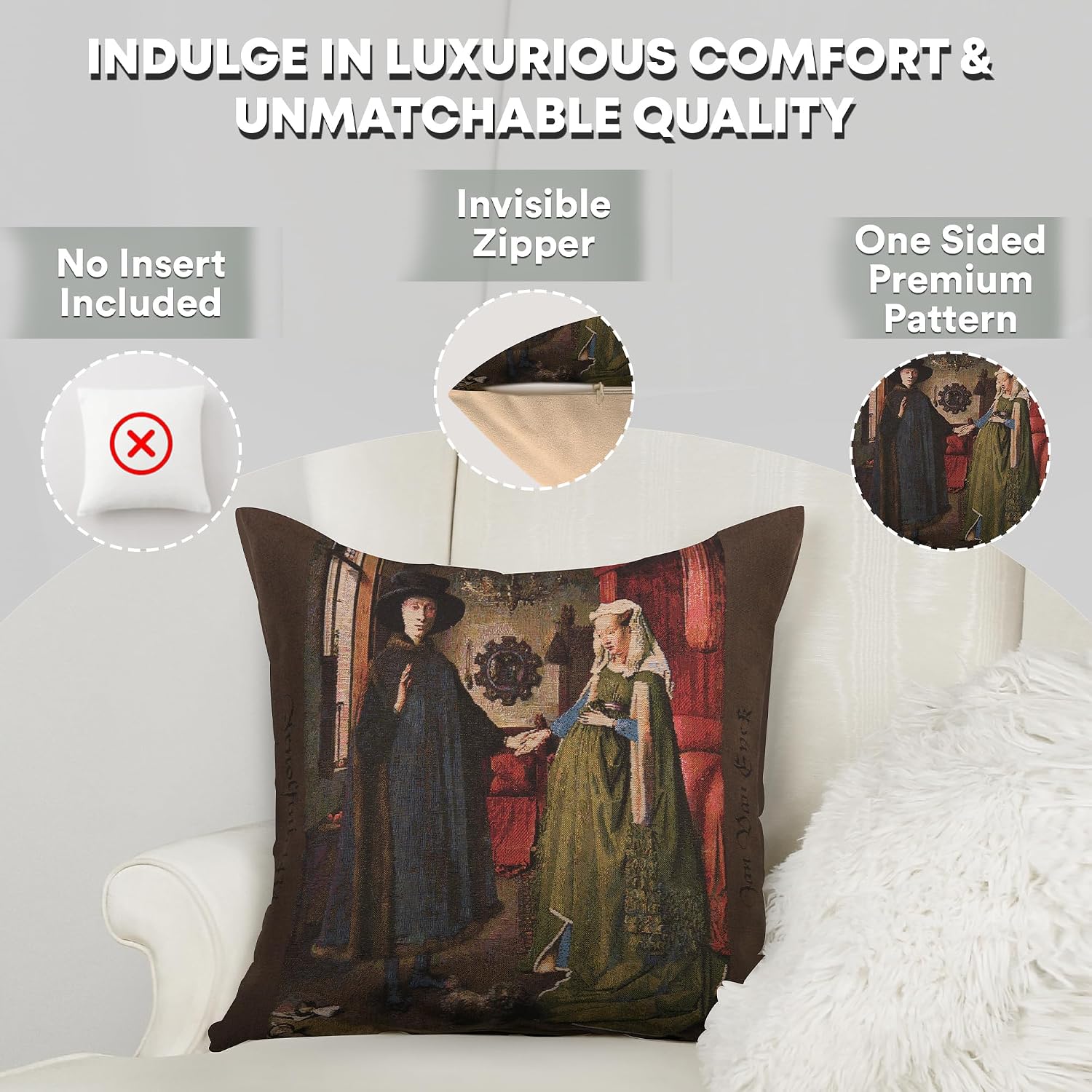 Charlotte Home Furnishings Decorative Pillow Covers for Couch 18x18 in Tapestry Throw Pillow Cover for Living Room Bed Decor Arnolfini Portrait Belgian Sofa Pillow Cover Soft Cotton Jacquard Woven