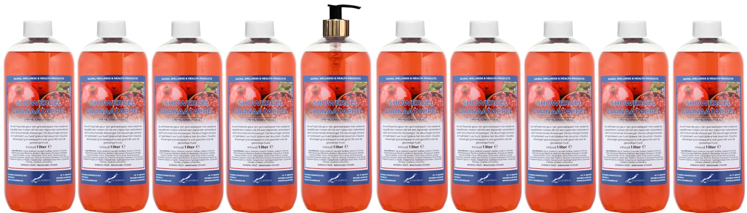 Duschgel Granatapfel 10 x 1 Liter mit goldener Pumpe (transparent)