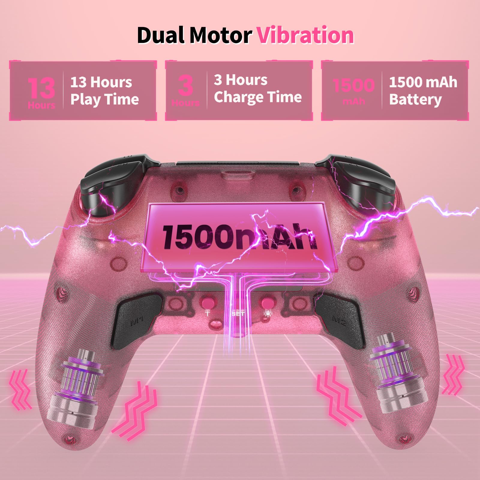 linhugame Controller wireless per P5/Pro/Slim/PC, con guscio trasparente/luce nastro RGB/Joyticks effetto Hall e trigger/Macro/Turbo/jack audio da 3,5 mm/altoparlante e microfono/gamepad batteria