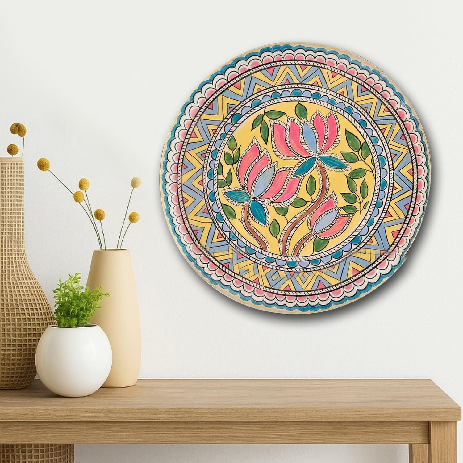 Devansh Pastel Pichwai Lotus Mandala Bloom Wall Plate (10 Inch) Finish Frame for Home Decoration, Living Room - Wall Art for Gift, Aesthetic Room Decor Items | Wall Hanging (Multi Floral)