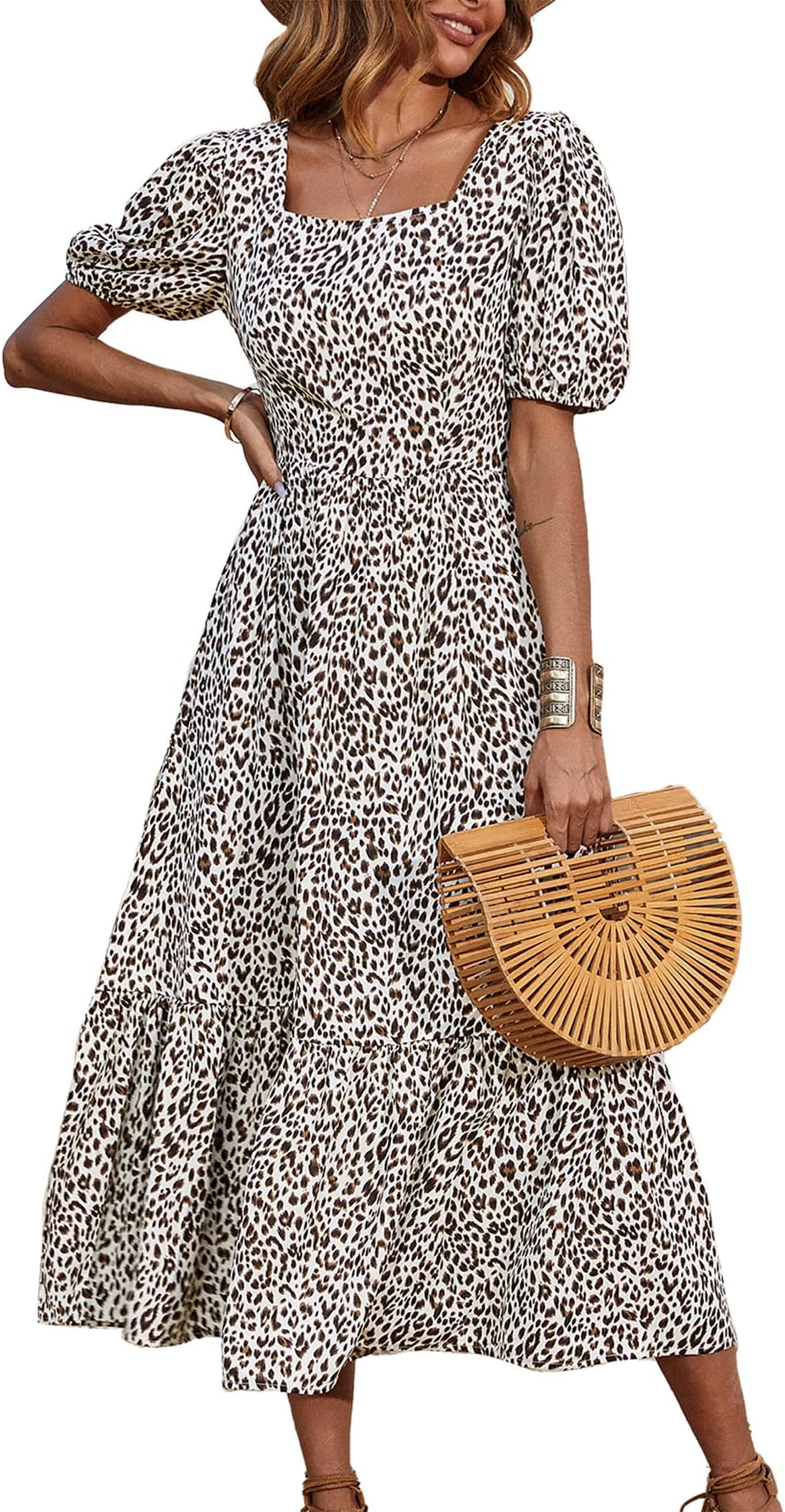 PRETTYGARDENWomen's Bohemian Dress Leopard Tie-Back Square Neck Puff Sleeve Ruffled Hem Summer Maxi Dresses