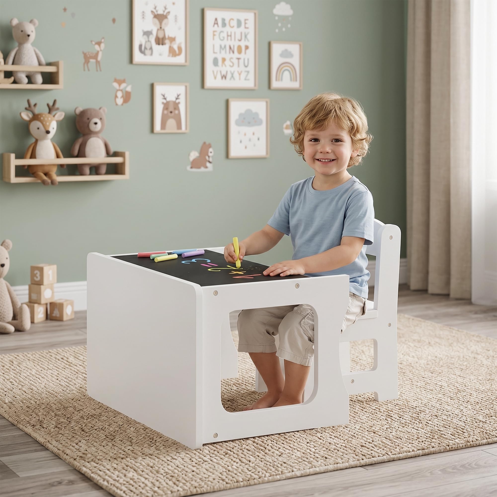 AIYAPLAY Bureau et Chaise pour Enfant Plateau Réversible 3 à 6 Ans Blanc