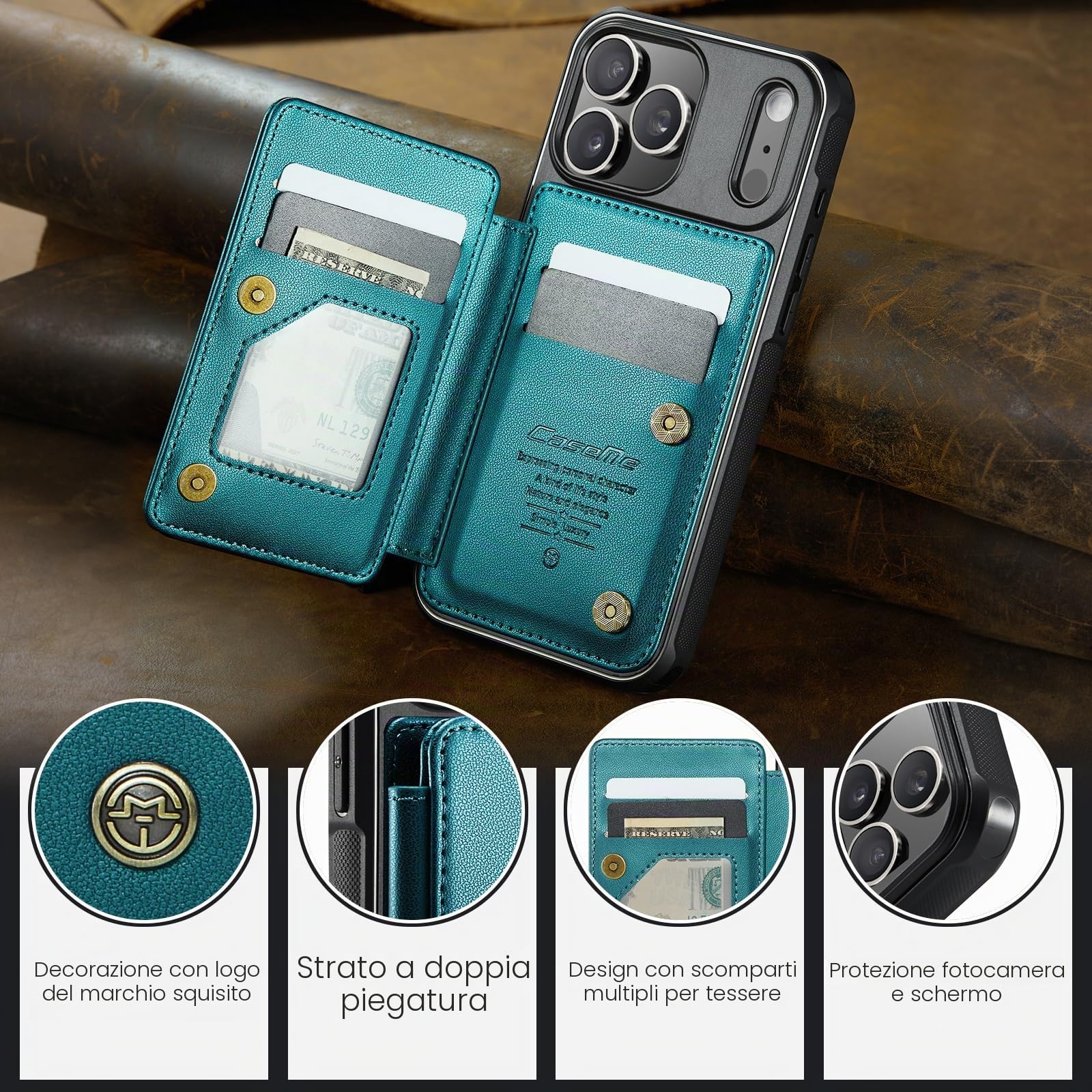 UEEBAI Custodia a portafoglio per iPhone 17 Pro Max, con blocco RFID, scomparti per carte di credito, in pelle PU, con cavalletto, chiusura magnetica, antiurto, unisex, blu