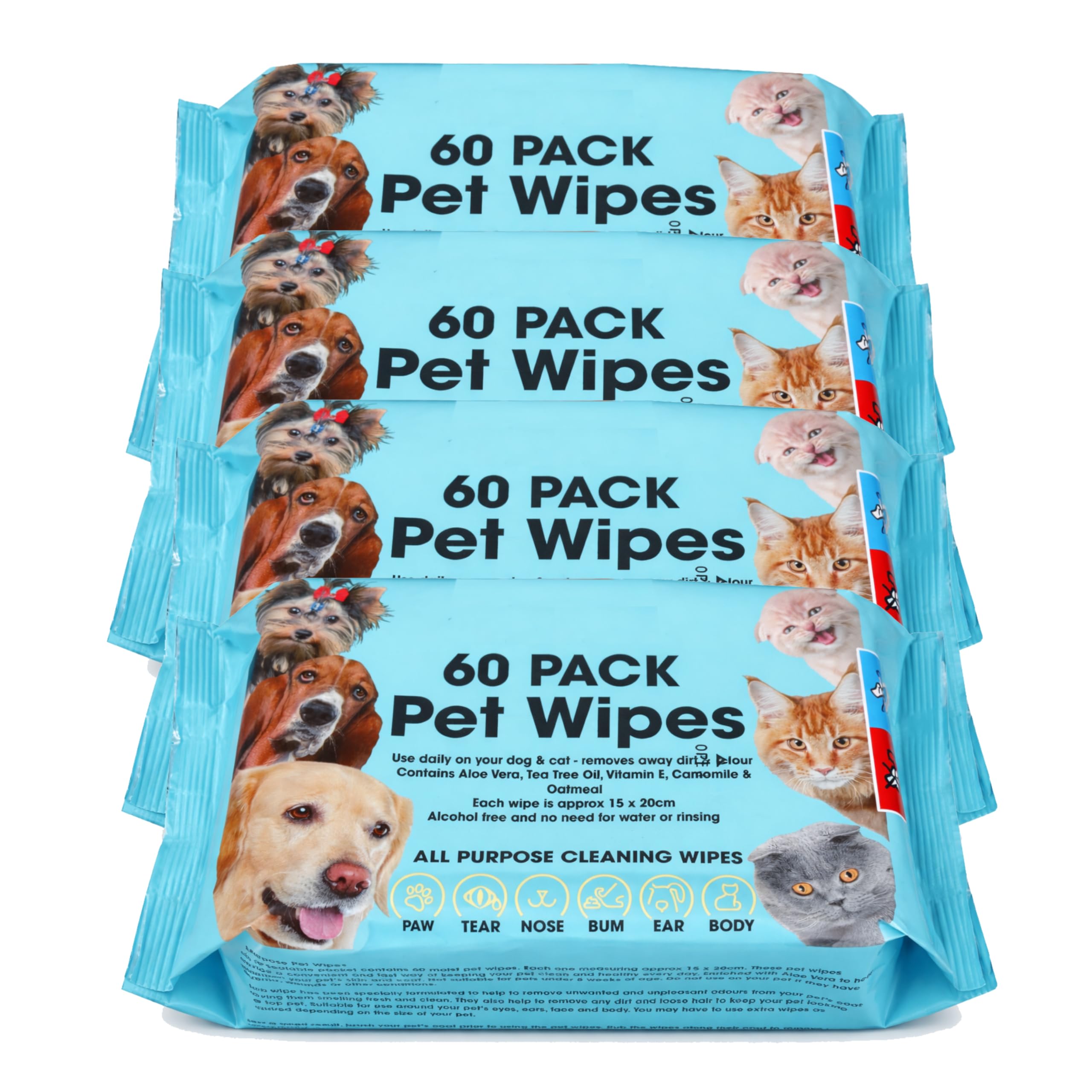 Pet Cleaning Wipes for Dogs and Cats, Alcohol Free Deodorizing Multi-Purpose Cleaning Pet Wipes Pack of 60 (240 WIPES)