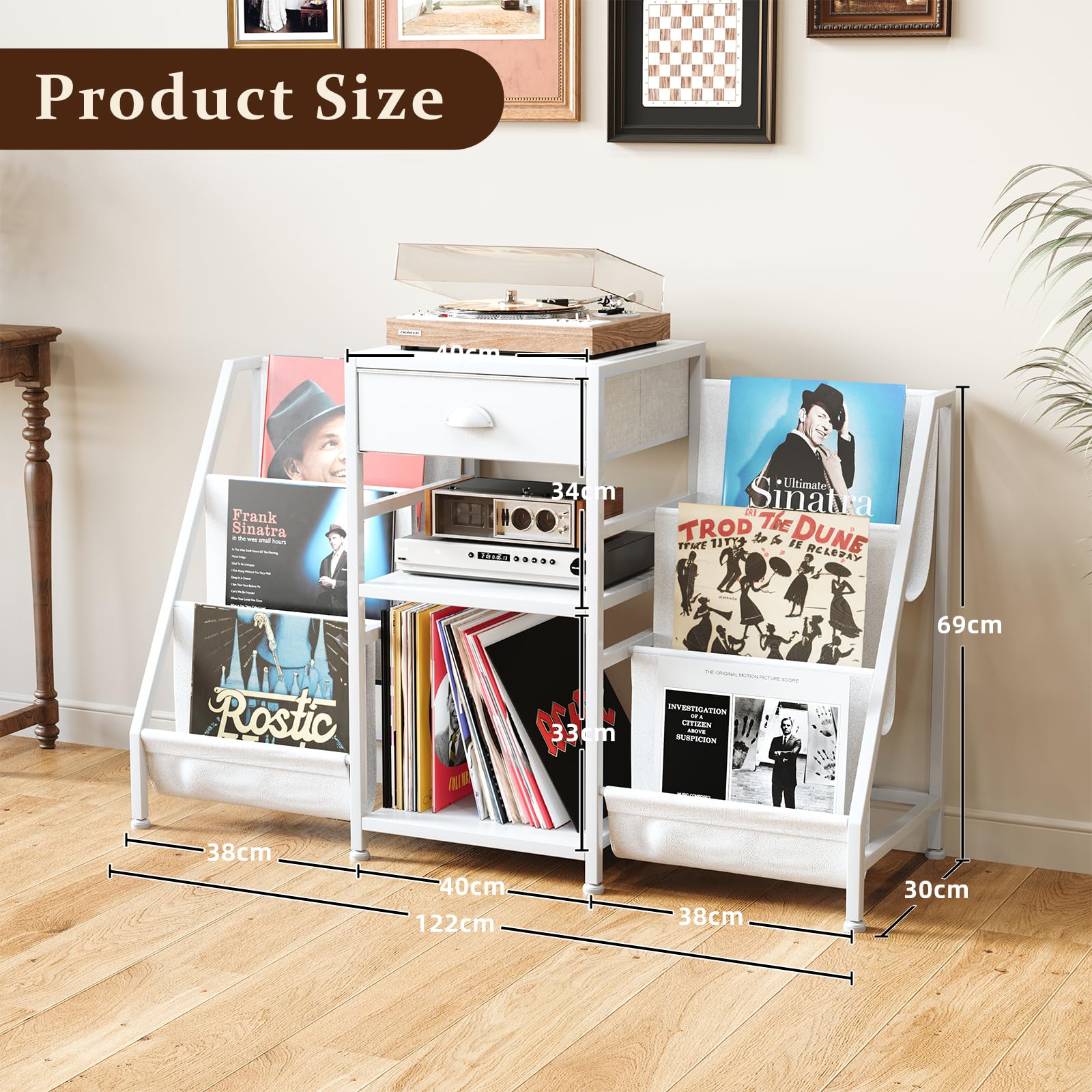 Plattenspieler Ständer Weiß mit Schublade – Vinyl Aufbewahrung für bis zu 280 LPs – 3 Ebenen Schallplattenständer mit Stoff Halterungen – Moderner Turntable Stand & Medientisch für Wohnzimmer