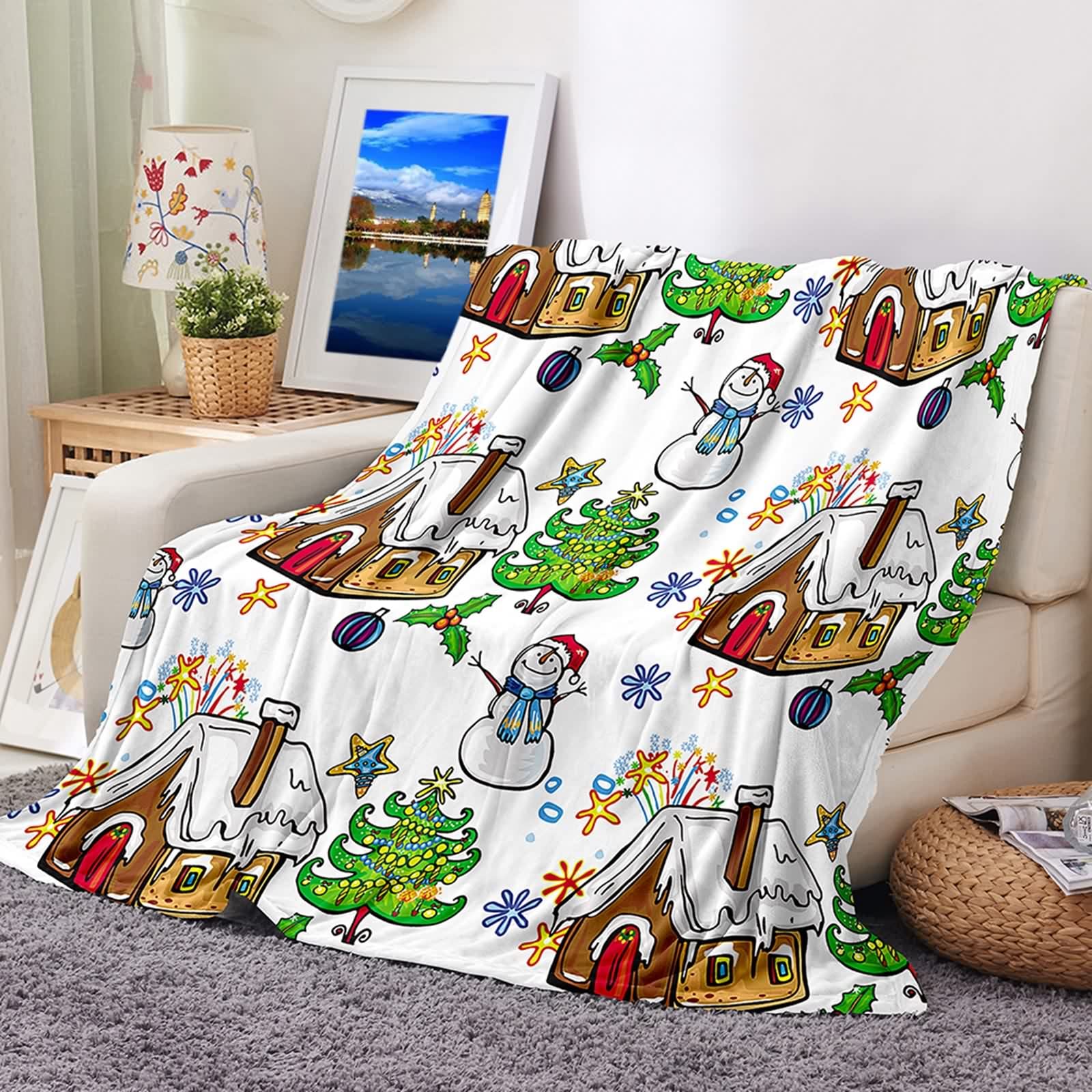 Couverture plaid polaire flannel 100x150cm cadeau Noël bonhomme de neige