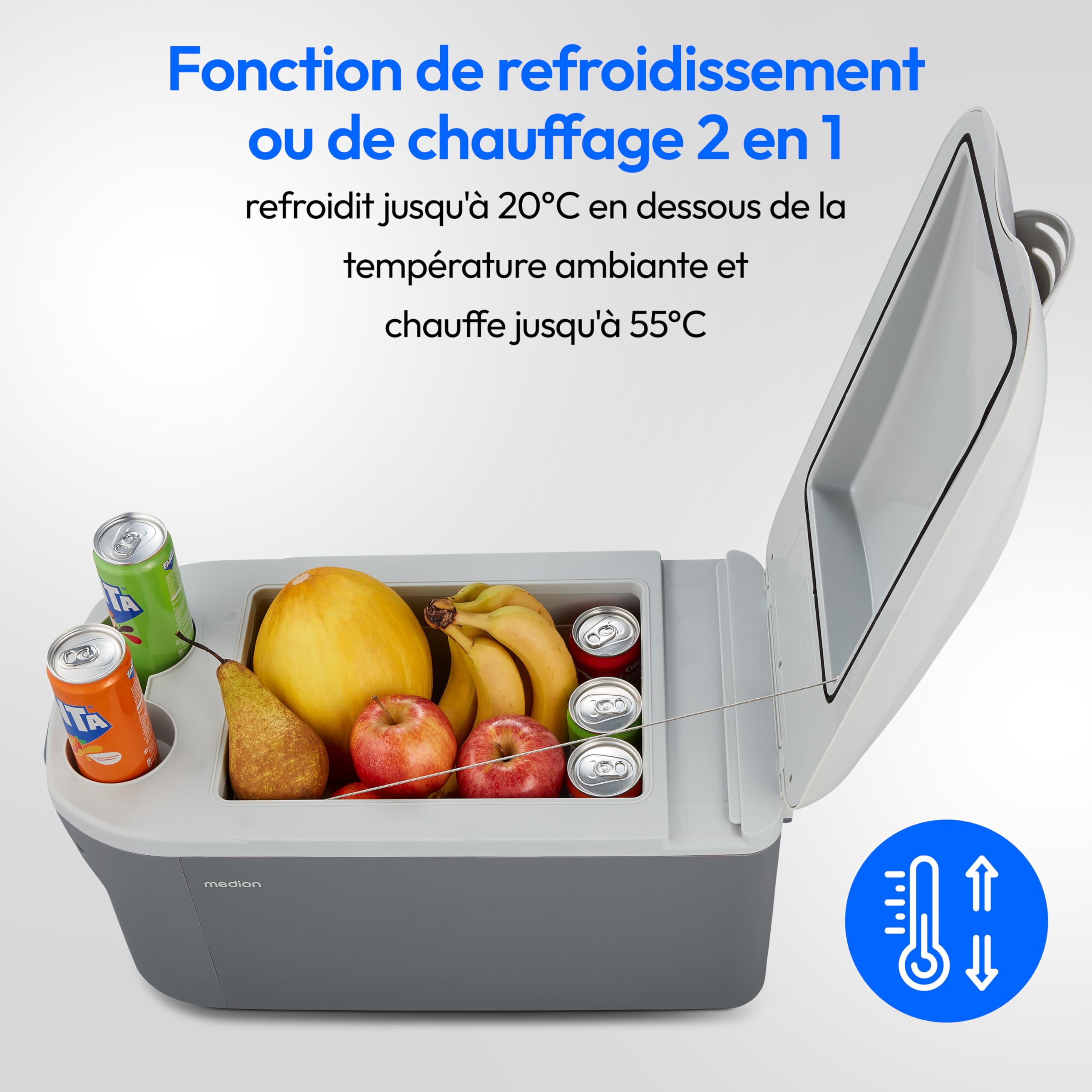 MEDION Glacière mobile avec fonction chauffage (électrique, 2 en 1 refroidissement et chauffage, 16 litres, sangle de transport, connexion 2 en 1 230 V et adaptateur 12 V pour voiture, pour voiture, c