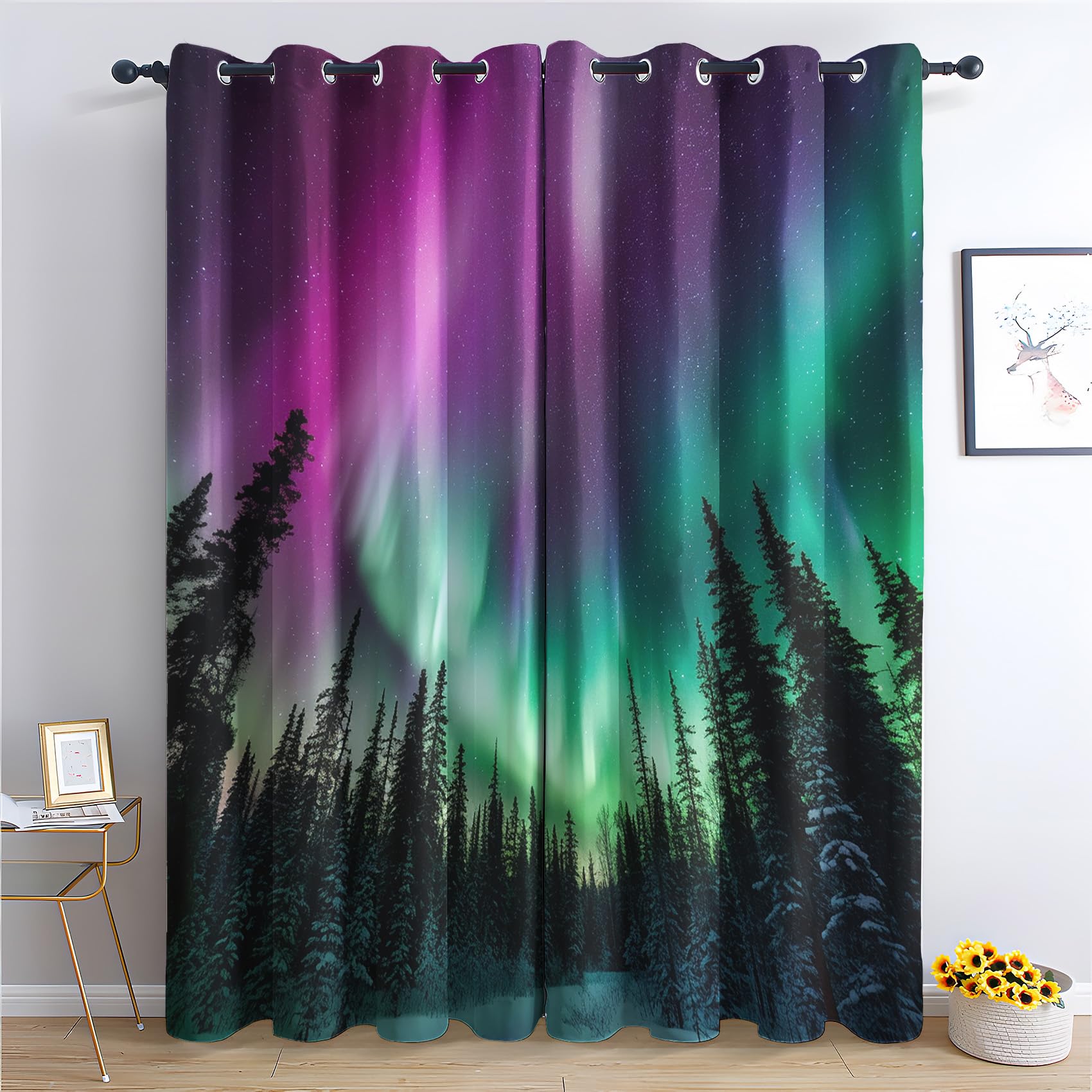QEODAH Northern Lights Blackout Curtains for Bedroom - Aurora Borealis Forest Landscape Living Room Curtains 66x72 Eyelet - Soft Thermal Insulated Patterned Drapes for Windows - 2 Panels