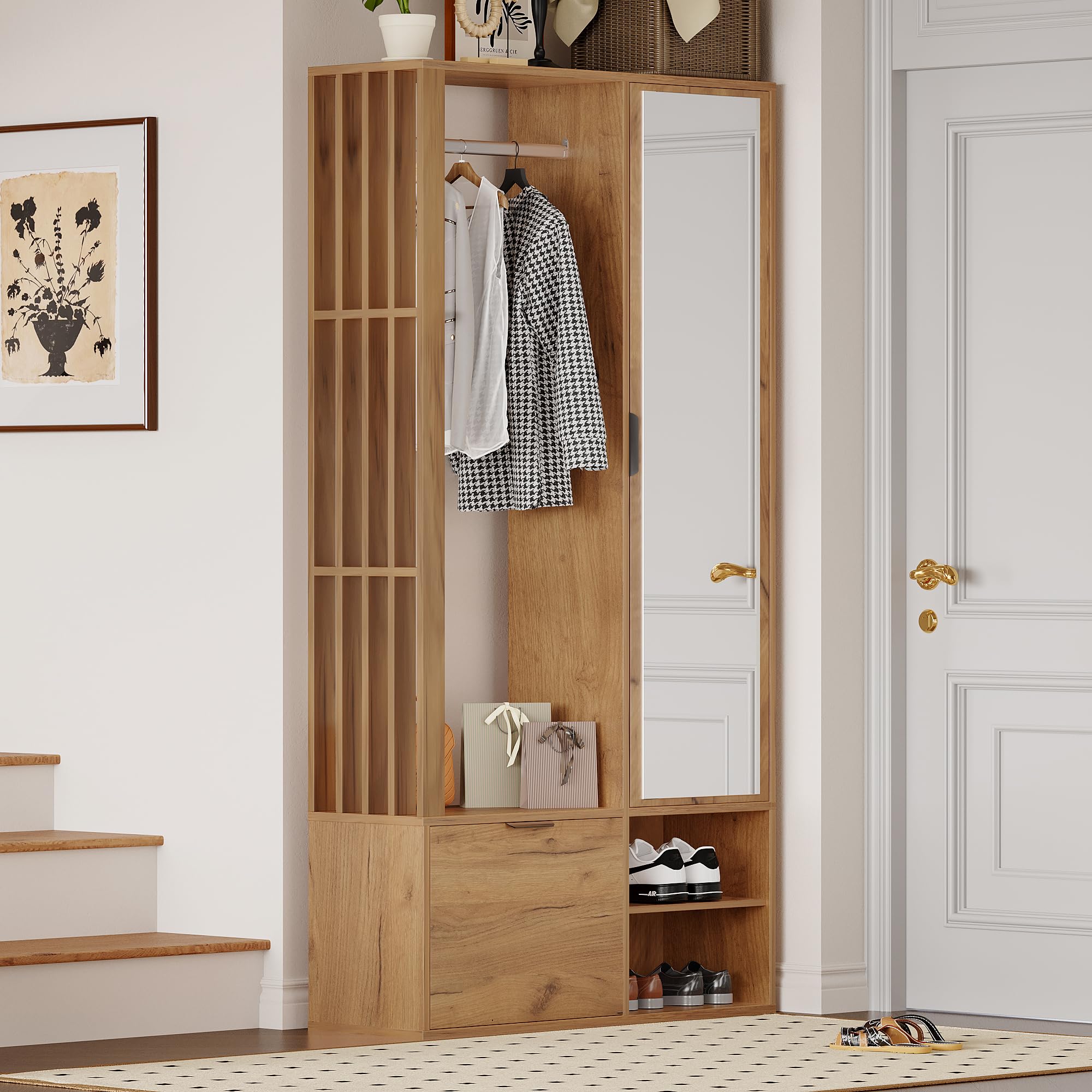 Garderobenschränke 100x33x190cm, 6-in-1-Eingangsschrank, zum Aufhängen von Mänteln, Flurschrank mit Wäscheständer & Spiegel, Schrank mit unterer Tür, Holzfarbe