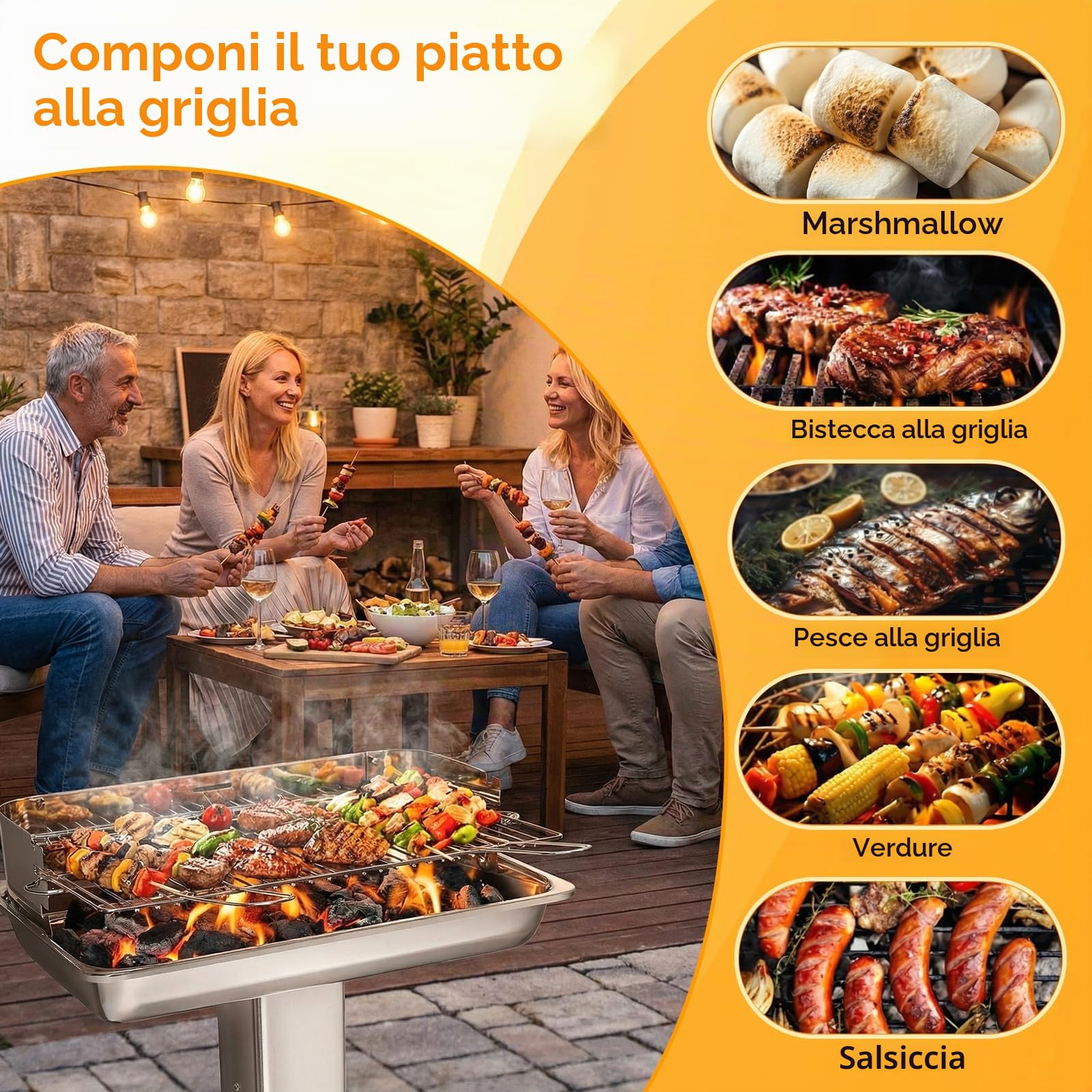 TLGREEN Barbecue a colonna in acciaio inox, Barbecue da esterno 52*32*84cm, Con griglia cromata, Cassetto cenere e ventilazione, Altezza regolabile in 3 posizioni, per Outdoor, Camping, BBQ, Spiagge
