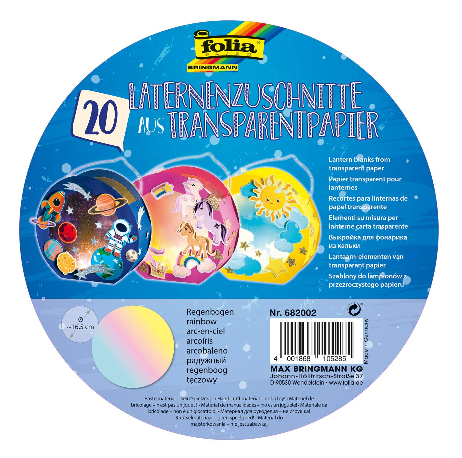 folia 682002 – Lantern Blanks Rainbow Transparent Paper 115 g/m² for Round Lantern Blanks Diameter 16.8 cm Pack of 20 for Crafting Individual Lanterns
