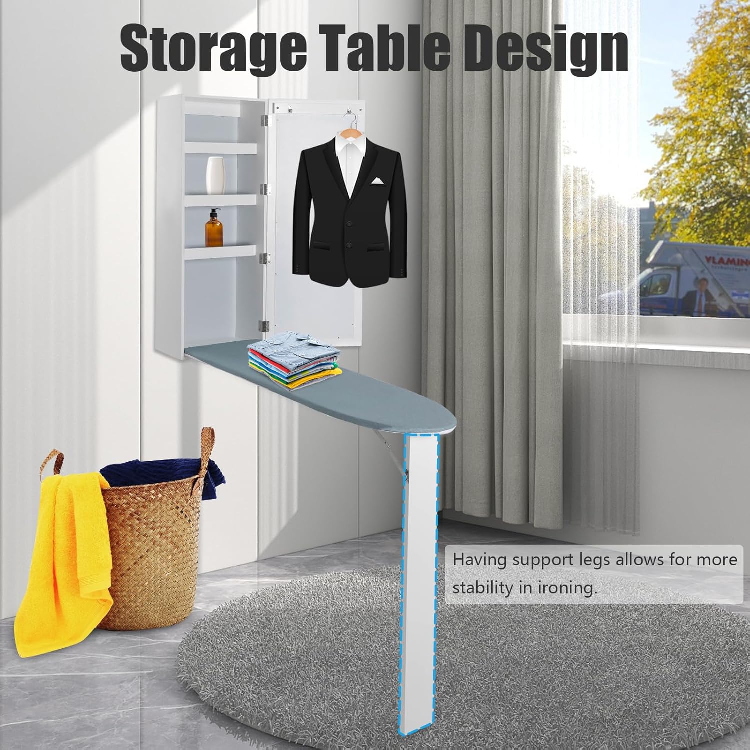 Wall Mounted Ironing Board Cabinet 22Lbs Load Wall Ironing Board with Cabinet Built in Ironing Board with Foldable Support Leg & Mirror Ironing Boards Cabinet Home, Apartment| US Stock
