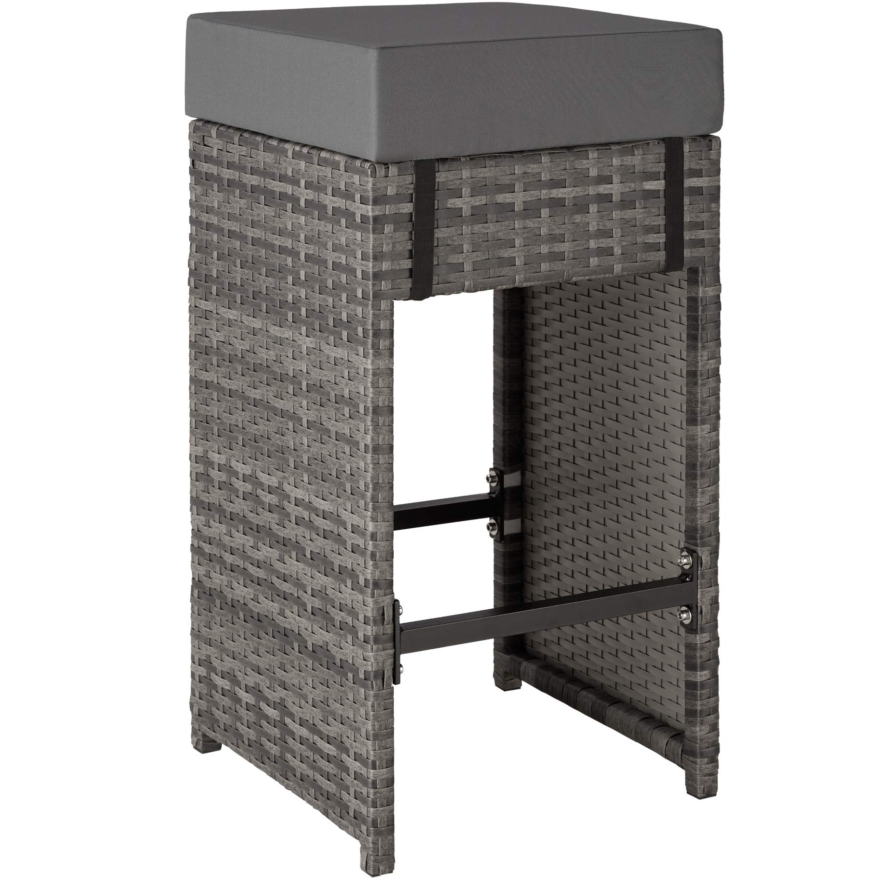 tectake® Set Tavolo e Sgabelli da Bar in Polyrattan Ibiza, Set da Bar 7 Pezzi, 1 Tavolo con Lastra in Vetro, 6 Sgabelli, Comodi Cuscini, Involucro Protettivo Incluso - Grigio