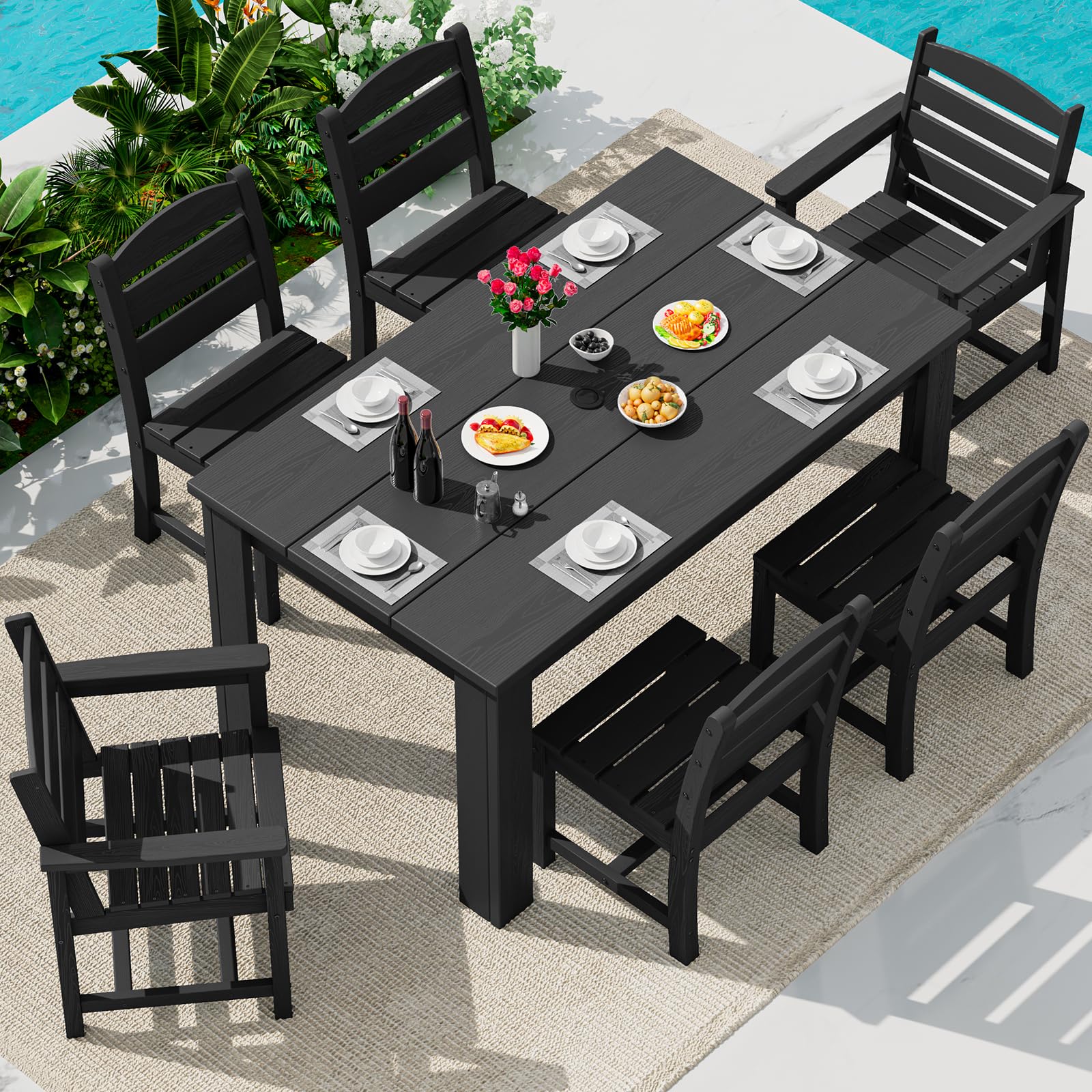 SERWALL 59" HDPE Outdoor Dining Set for 6, w/ 1 Table &amp; 6 Chairs, Black