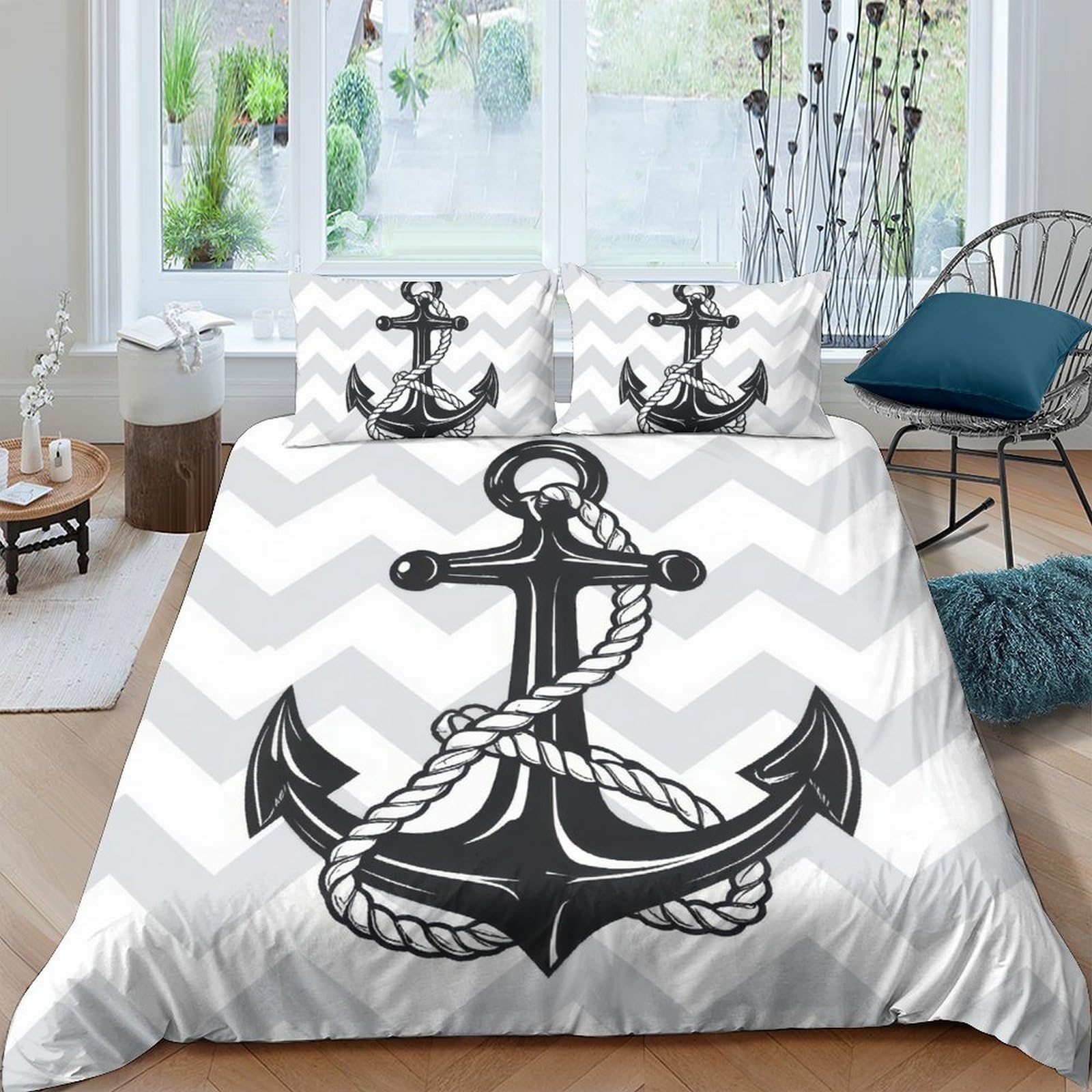 GPLZQXKJNH 3D Printed Nautical Anchor Duvet Cover Set Microfiber Soft Grey White Bedding with 2 Pillowcases for Bedroom Decor Single（135x200cm）