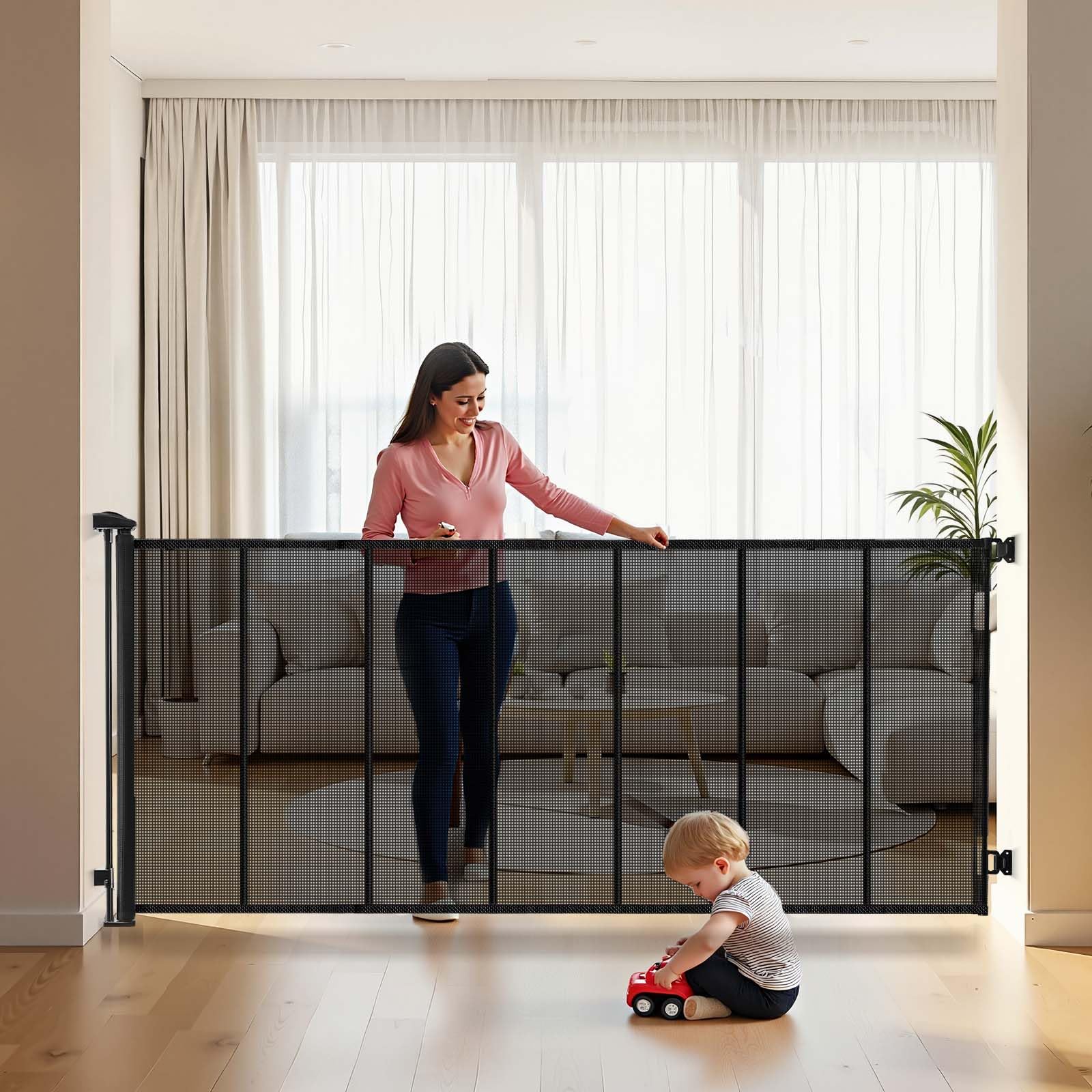 VEVOR Retractable Baby Gate, Extends to 120 inch Extra Wide, 38.5 inch Tall, with Reinforced Fiberglass Strips, Avoids Crawling Through, Mesh Dog Gate