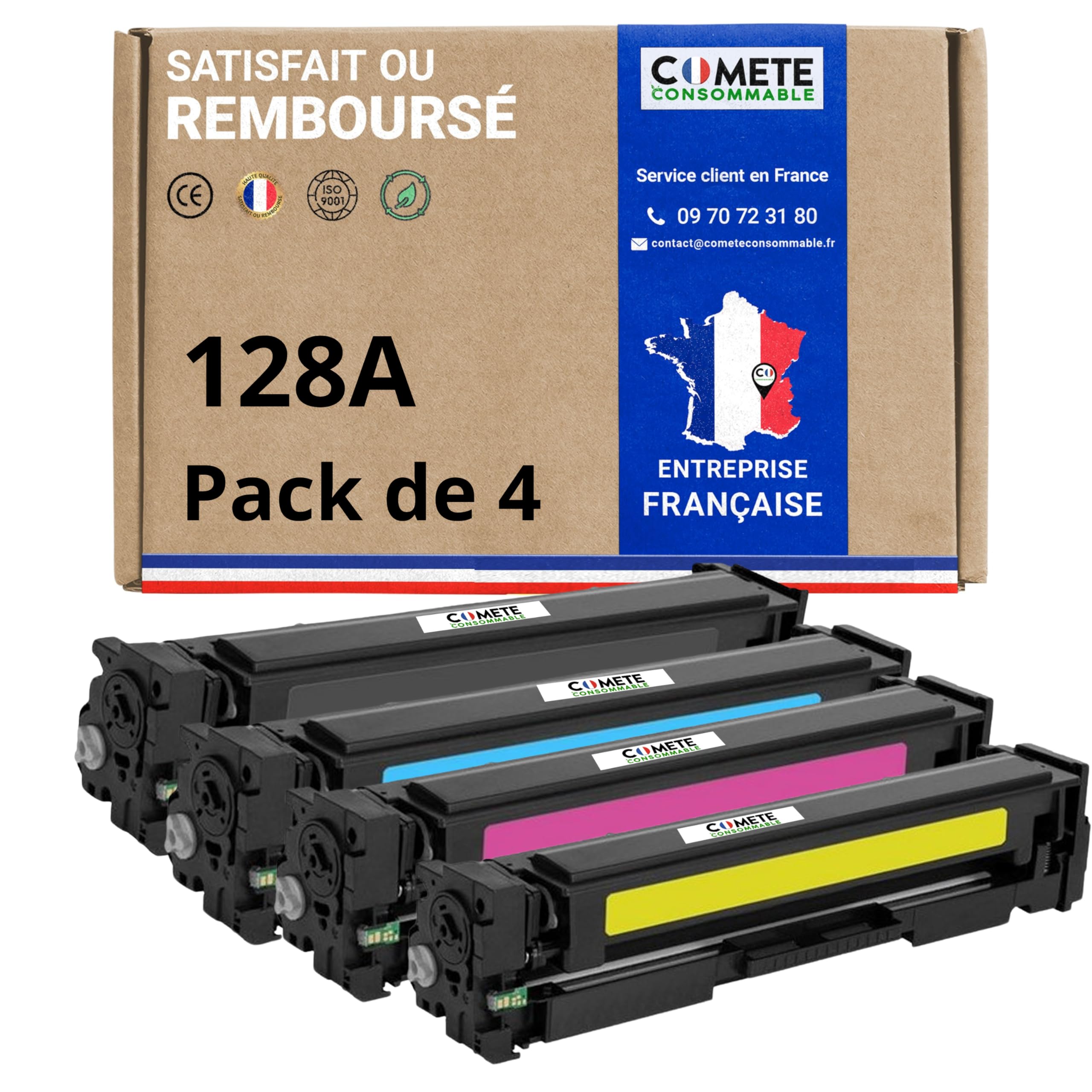 COMETE Cartouche de Toner Compatible avec HP 125/128/131A CE320A - Lot de 4 | Marque Française, 1 Noir et 3 Couleur pour Imprimante HP Color Laserjet Pro CP1525 CP1525nw CP1525n CM1415 CM1415fnw CM1415fn