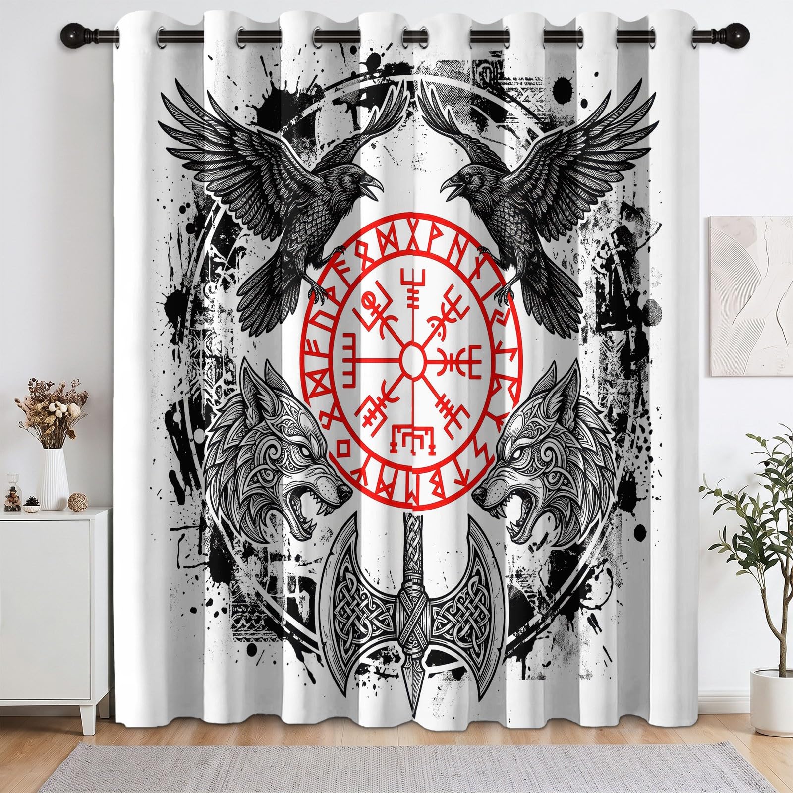 Générique Zasłona w stylu nordyckim wikingów, 100% zaciemnienie 2 panele, 140 Lx180H, izolacja termiczna, ochrona przed zimnem, zasłony do sypialni chłopców, fajne runy, sypialnia, salon, z oczkami