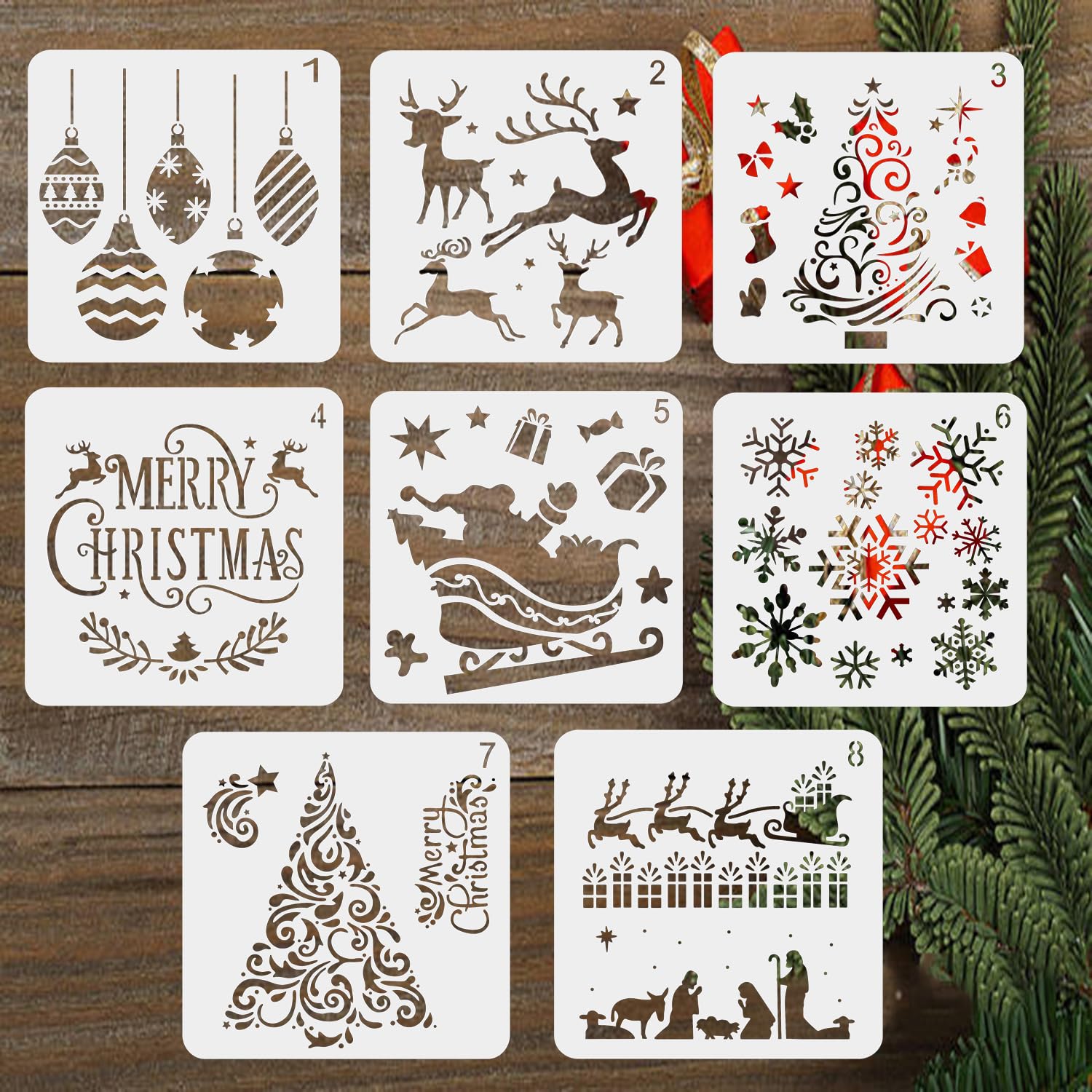 8 Stencil Natalizi Riutilizzabili Per Pittura - Sagome In PET Con Camion, Pupazzo Di Neve, Babbo Natale, Decorazioni Fai-da-Te Per Legno, Pareti, Tessuti