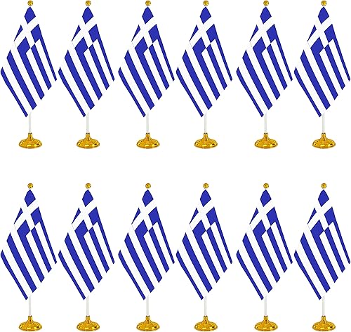 WXTWK Paquete de 12 banderas griegas de escritorio pequeñas con base de soporte, para la oficina en casa, festivales, eventos, decoraciones de
