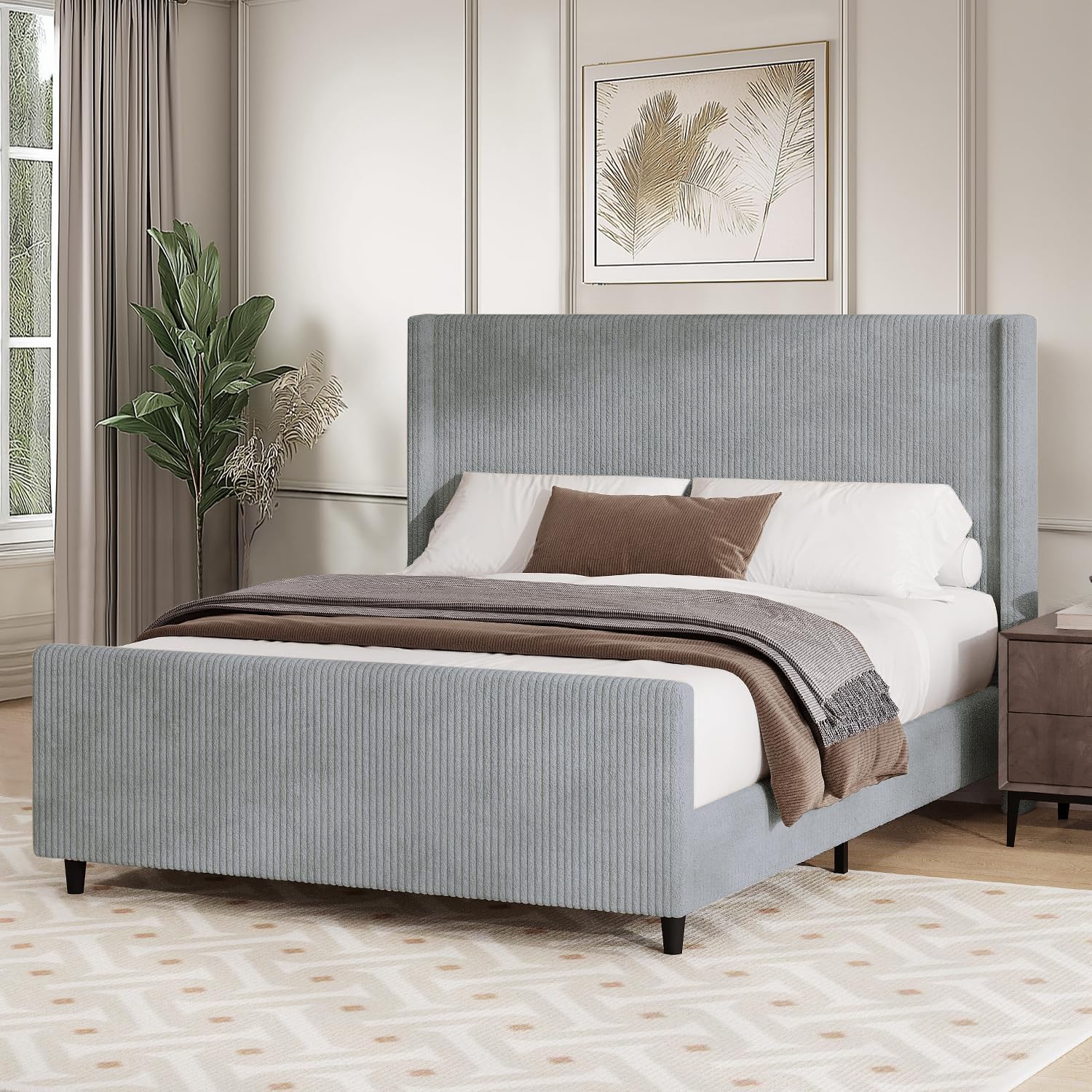 Queen Size Corduroy Upholstered Platform Bed Frame with Tufted Headboard and Footboard, No Box Spring Required, Easy to Assemble (Grey, Queen)