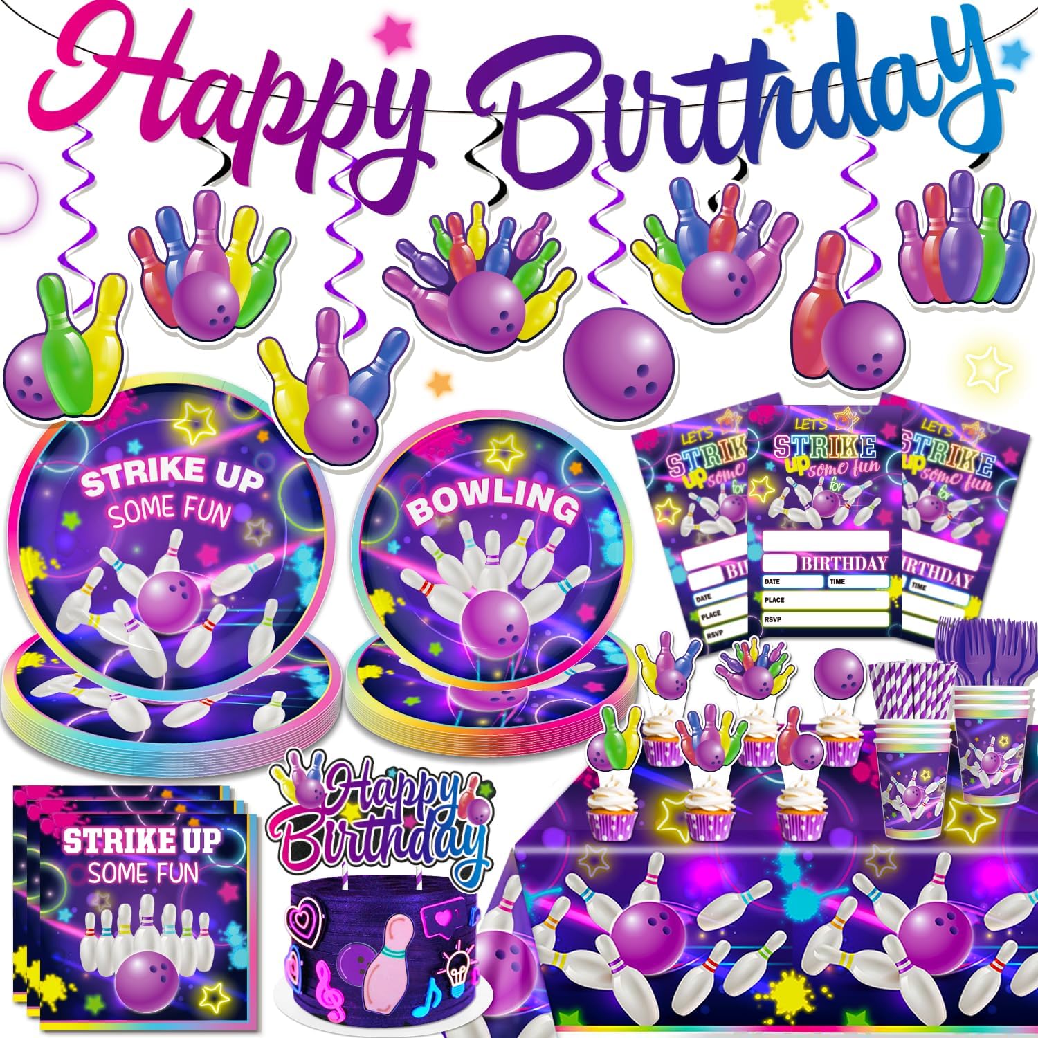 187PCS Bowling Party Decorations Tableware Set Serve 25 Guests, All-in-1 Bowling Party Supplies Includes Banner, Plates, Invite Cards, Tablecloth, Cupake Toppers, Bowling Birthday Decorations for Boys