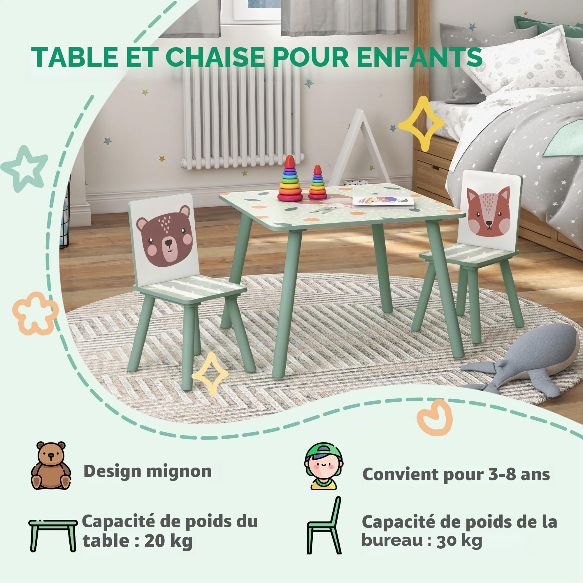 ZONEKIZ Table Enfant 2 chaises 3 pièces Motif Animal 3-8 Ans Vert
